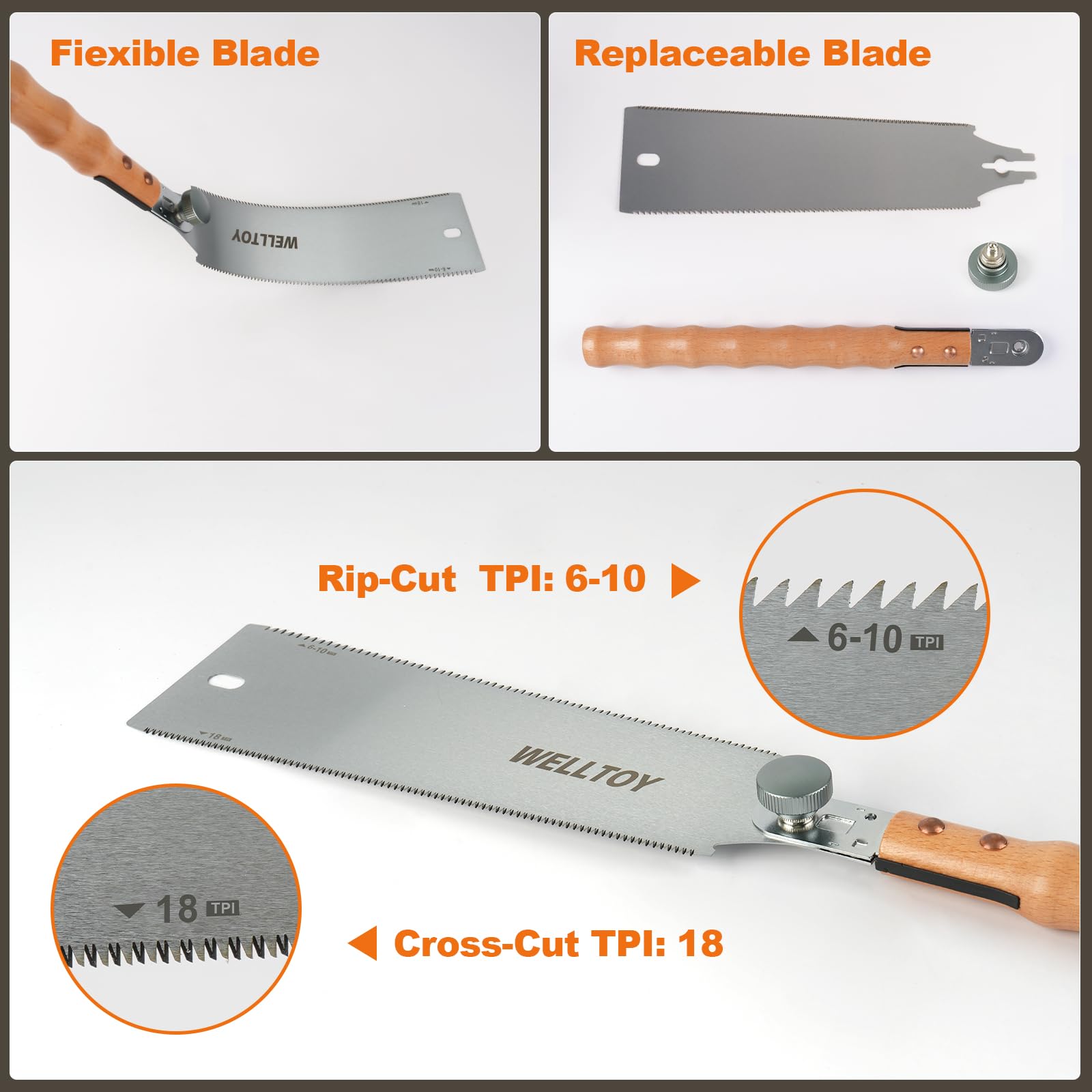 Sierra japonesa de doble filo, sierra de mano de 10 pulgadas de dientes degradados de 6-10/18 TPI, cuchillas flexibles reemplazables SK5, con mango de haya de nudo de bambú antideslizante, herramienta