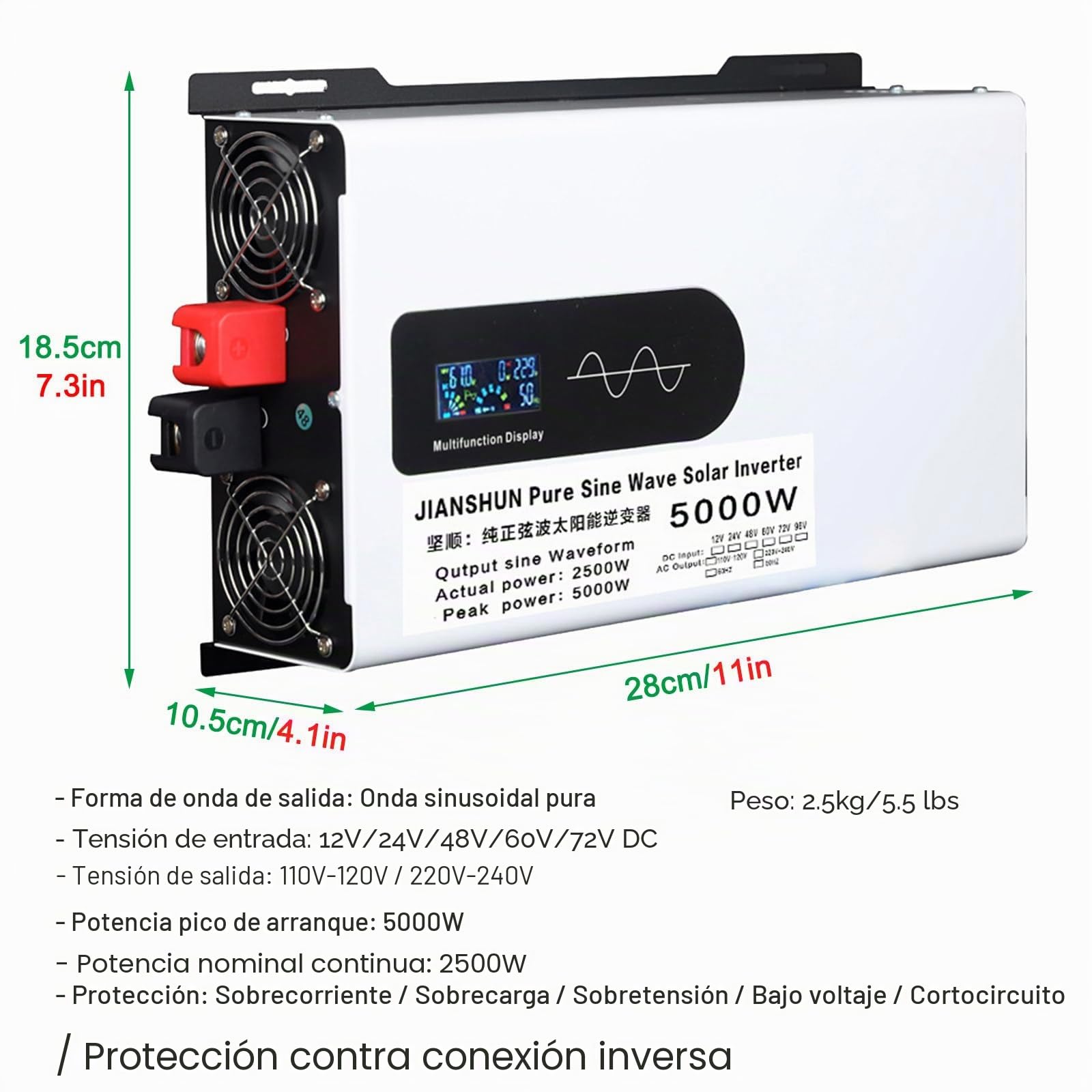 Inversor de Corriente de Onda sinusoidal Pura de 5000 W, convertidor de Voltaje de 12 V, 24 V, 48 V, 60 V, 72 V CC a 110 V 220 V CA con Pantalla LCD, para hogar/RV/camión/Camping,72V5000W