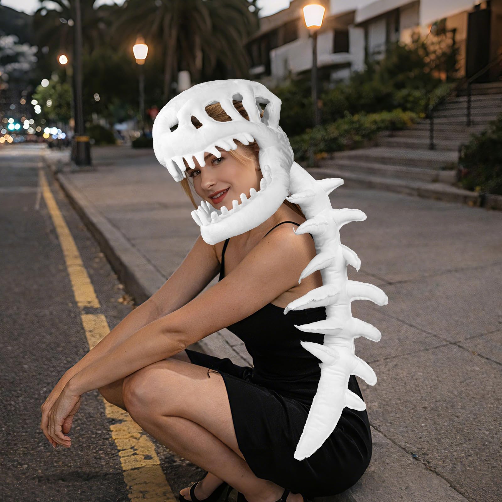 3D Dinosaur Skeleton Costume, Vivid Spine Extension & Skull Mask Wearable Outfit for Halloween Dino Cosplay - 4