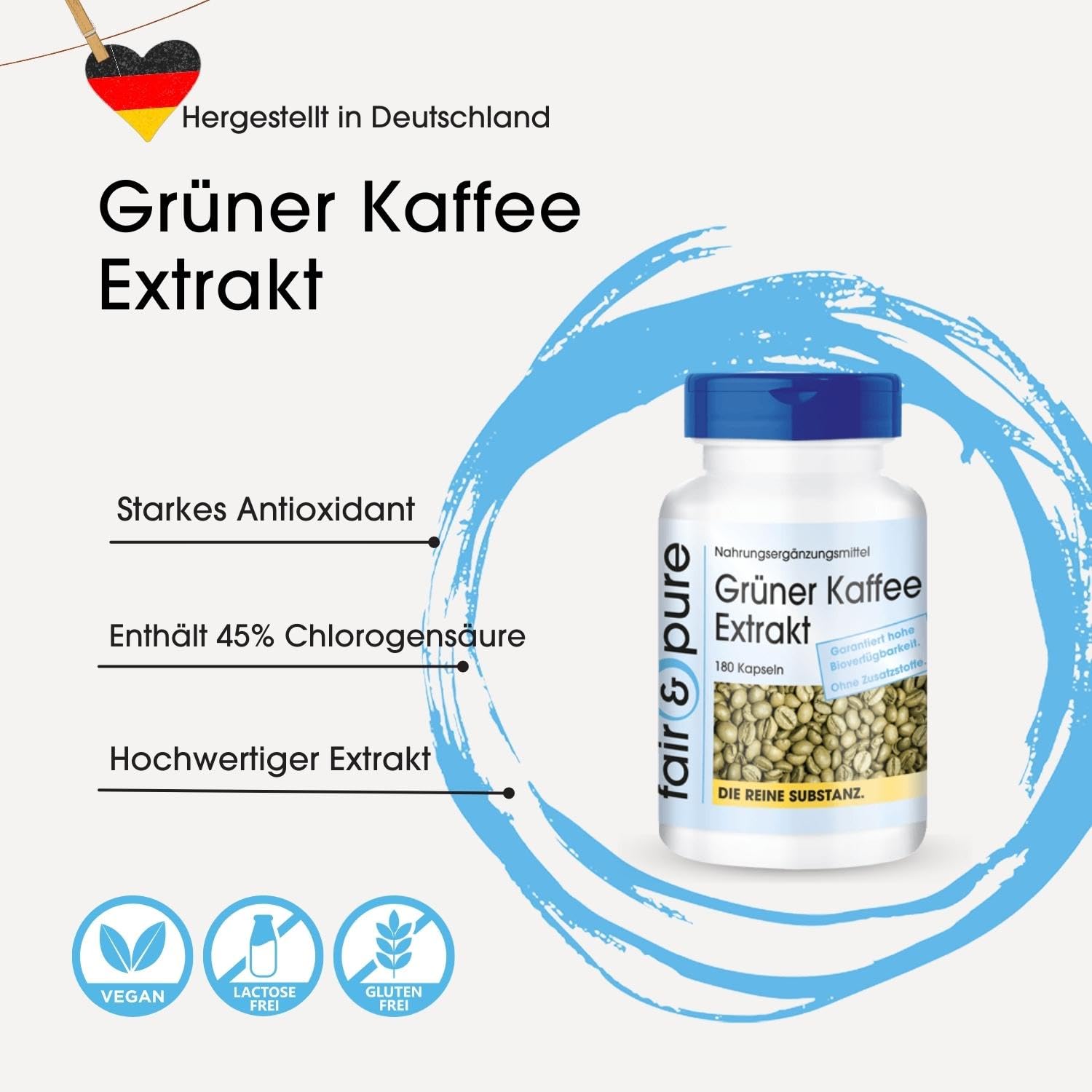Fair & Pure Grüner Kaffee Extrakt 500mg, 180 Kapseln, schluckfreundlich, hochdosiert mit 45% Chlorogensäure, Nahrungsergänzungsmittel vegan ohne Magnesiumstearat, in Deutschland hergestellt