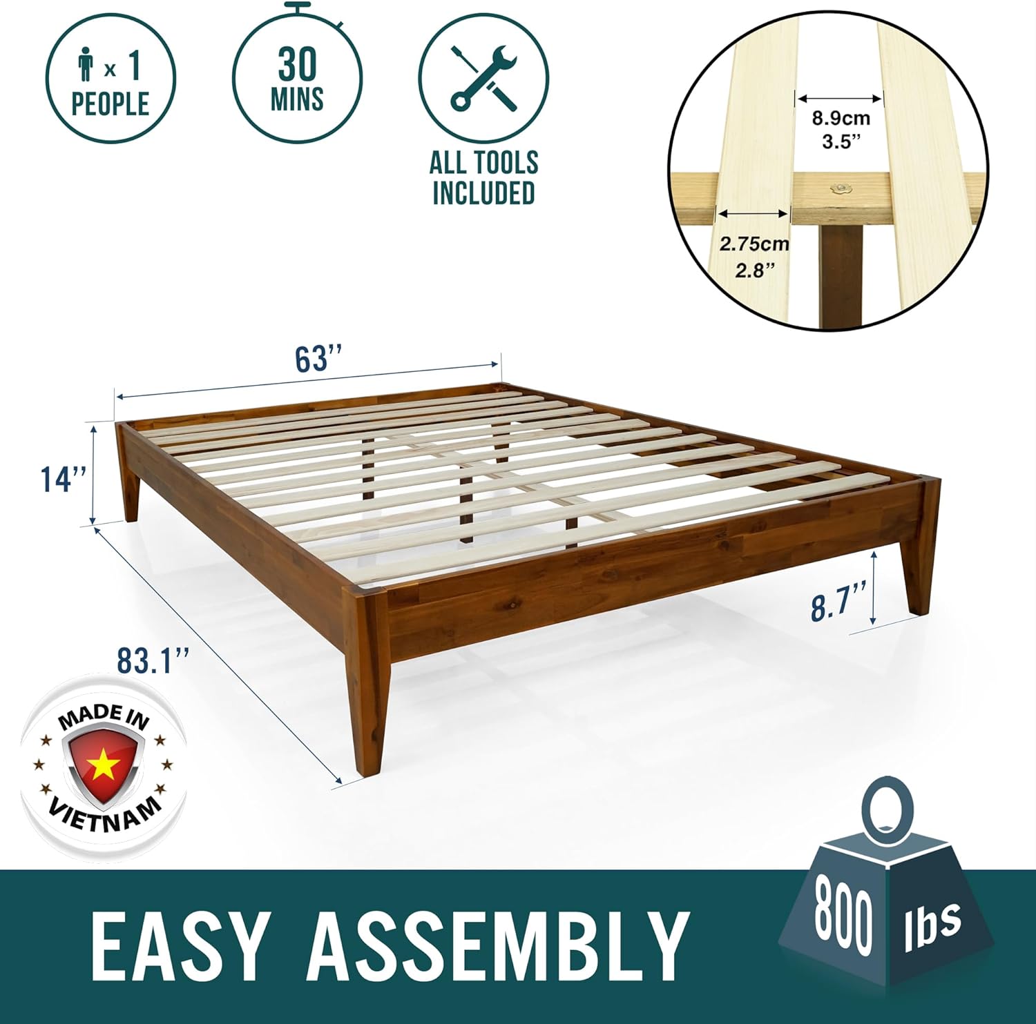 Acacia Mervyn Queen Size Bed Frame, Queen Platform Bed Frame, Mid Century Wood Bed Compatible with All Mattress Types, Wood Slats Support, Queen Bed Frame, Caramel