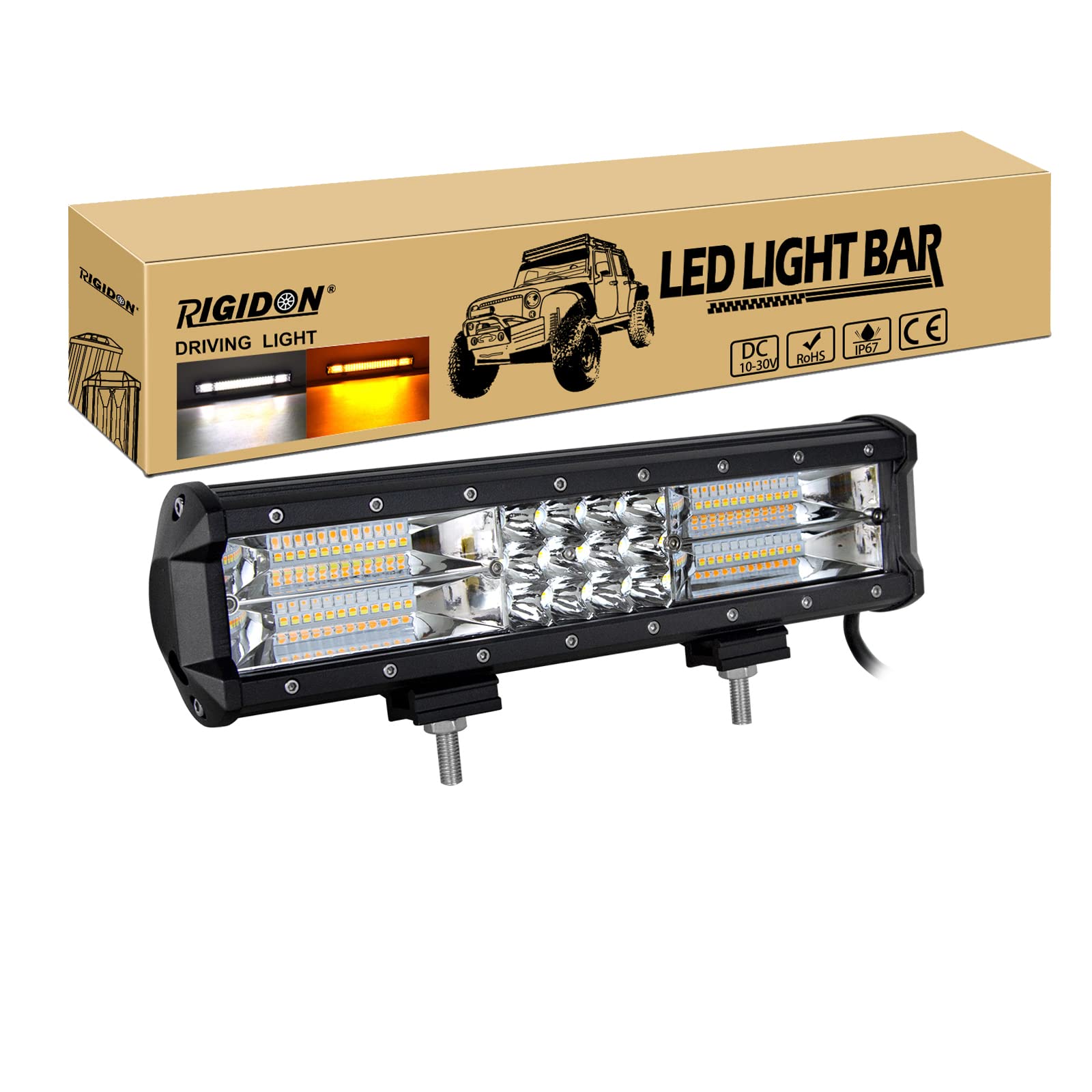 RIGIDON Stroboskopowa listwa świetlna, 12 cali 30 cm 180 W 12 V 24 V listwa oświetleniowa led, pomarańczowo-białe światło przeciwmgielne do pojazdów offroad samochodów ciężarowych SUV ATV 4x4, 3000K