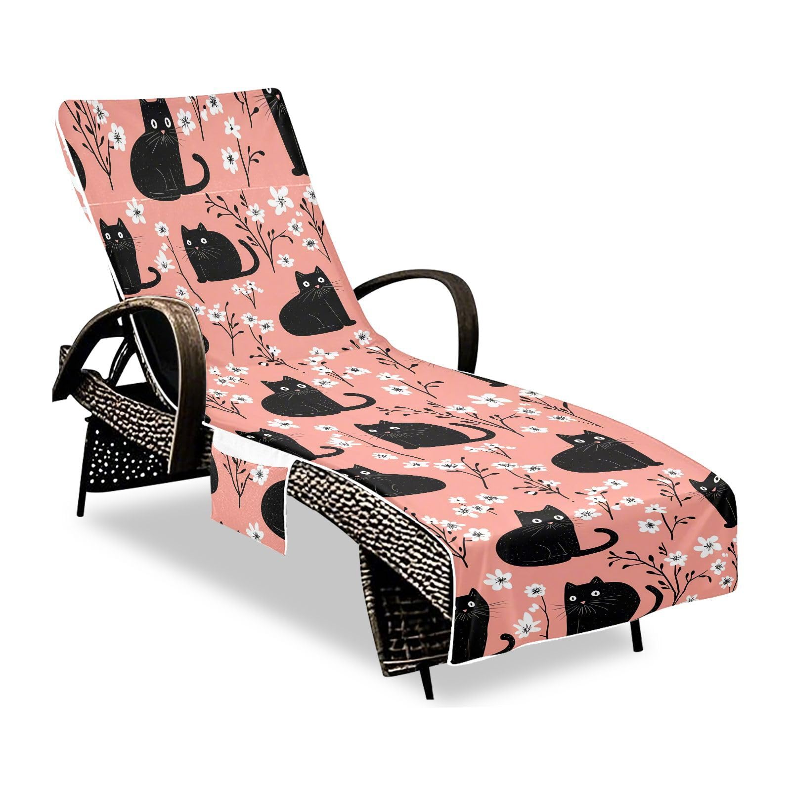 BOESI Doodle Black Cat and Flower Beach Chair Towel, Outdoor Pool Chair Cover, with Pockets, Suitable for Outdoor Beach Garden Sunbathing, 85'' x 30''