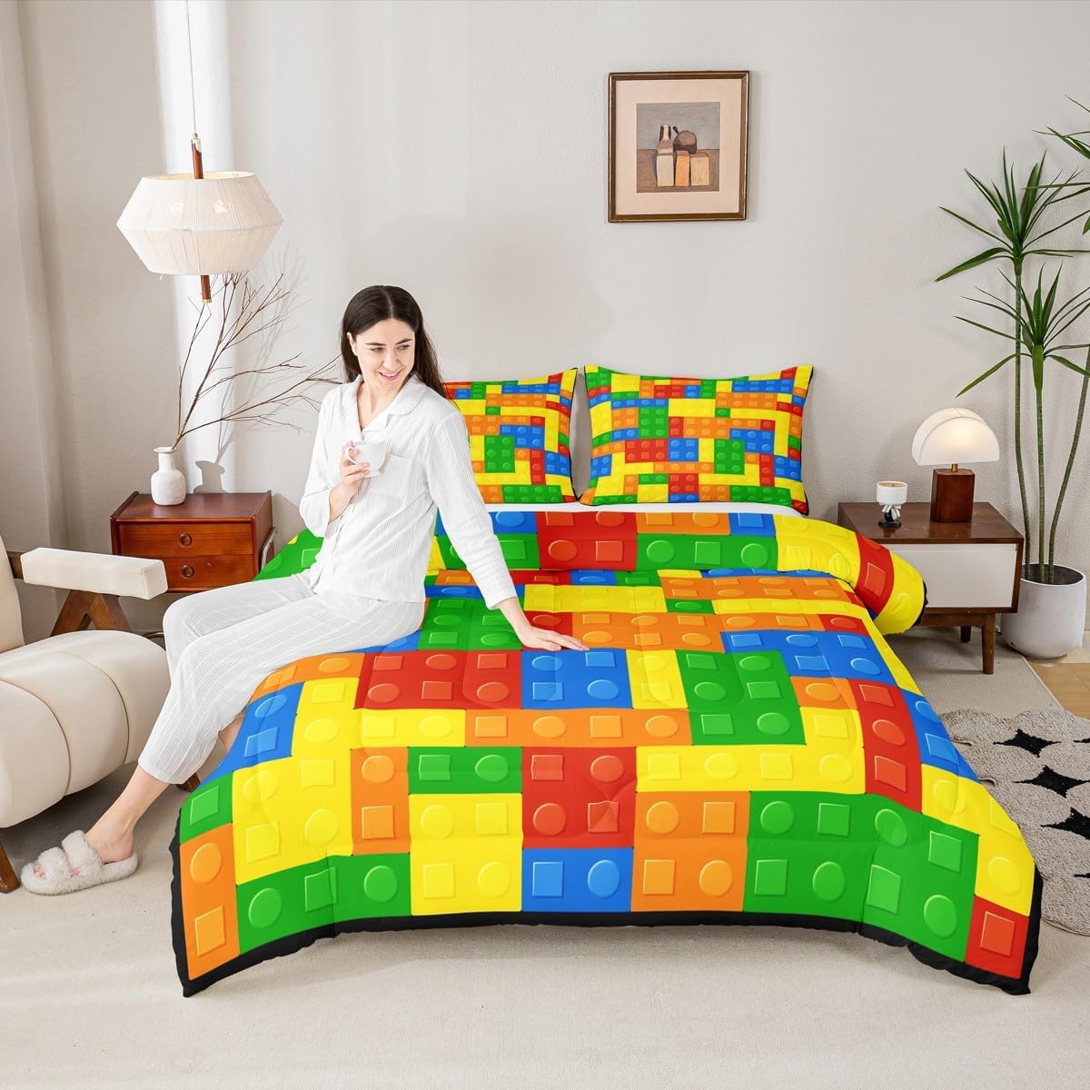 Castle Fairy Kids Games Comforter Set Queen Size Construction Bedding Sets 3Pcs for Child Boys Girls Room Decor, Color Building Blocks Gaming Quilt Set with 2 Pillowcases Soft Microfiber