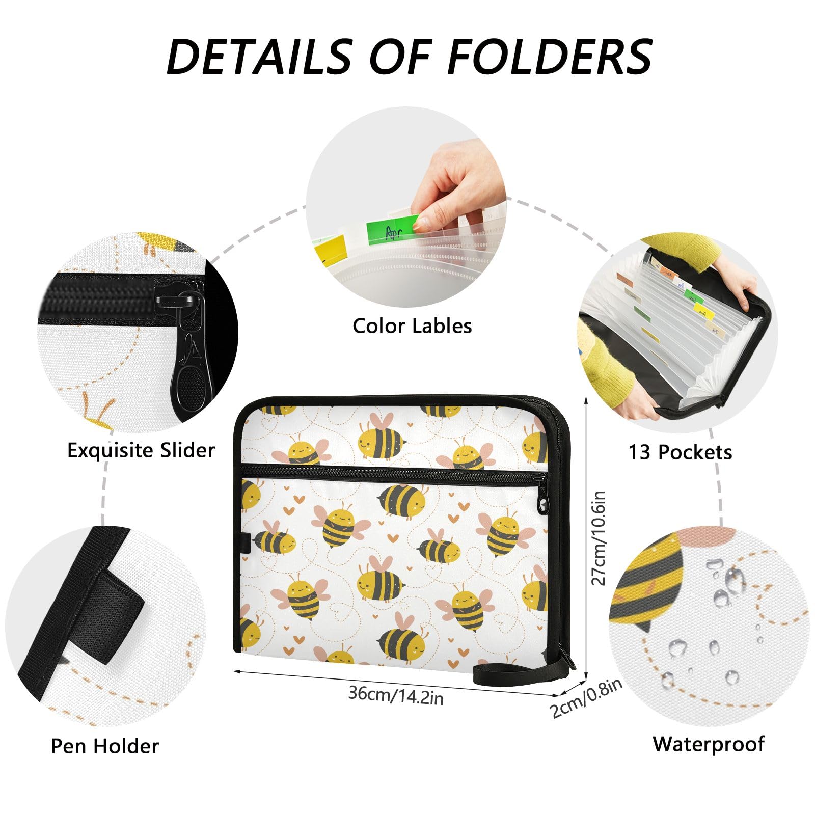 Lovely Little Bee File Organizer 13 Pocket Expanding File Folder with Front Pouch Portable Business Fire Storage Document Organizer Folder with Zipper - Image 3