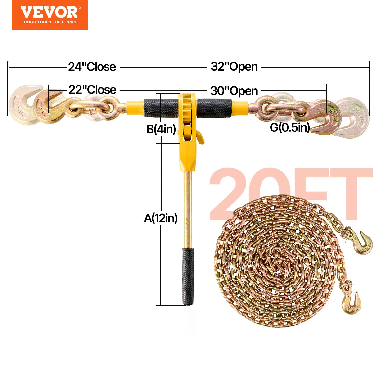 VEVOR Legante a Catena a Cricchetto, Leganti per Carichi Pesanti da 5/16"-3/8", con Catene G80 Limite di Carico Sicuro 3220kg, Maniglia Antiscivolo, Leganti a Catena per Trasporto per Rimorchio