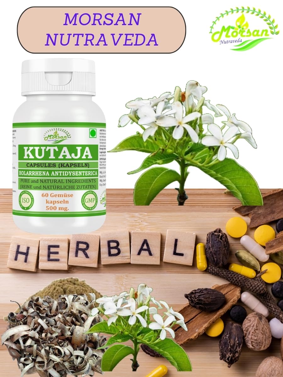 Kutaja (Holarrhena Antidysenterica) Extrakt mit 10:1 Stärke, 500 mg x 60 vegane Kapseln | Ayurvedisches Kräuterergänzungsmittel für Männer und Frauen (1 Flasche mit 60 Kapseln)