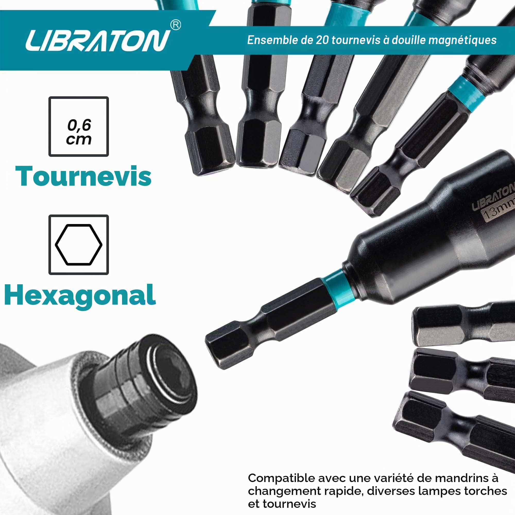 Libraton Lot de 20 Tourne-écrous magnétiques, 1/4" Hexagonale pilotes d'écrou en acier au chrome vanadium, métriques et SAE tournevis à écrous, avec sac de rangement