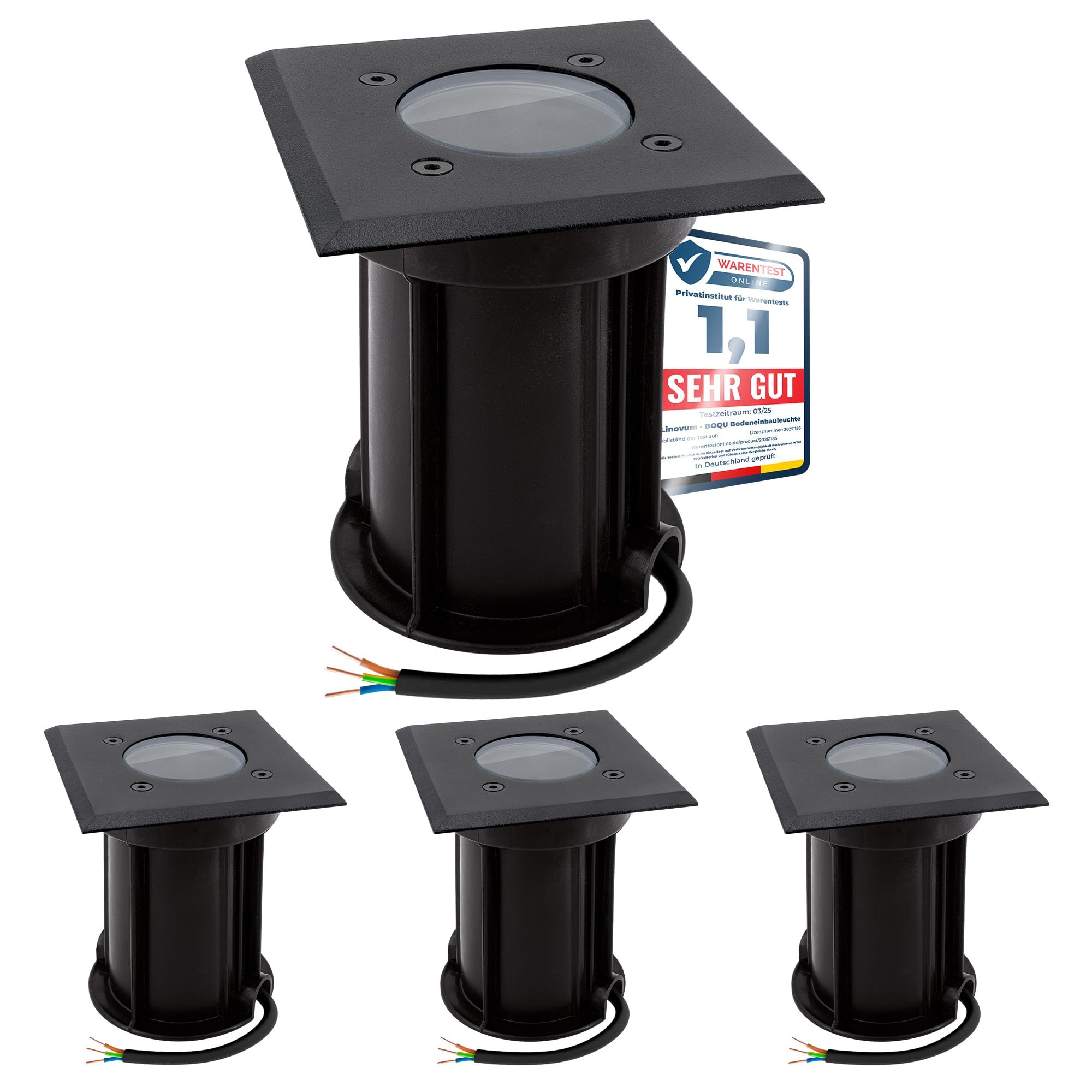 linovum BOQU Nero Quadrato - 4 Faretti Incasso GU10 IP67 Esterno 230V | segnapasso carrabile, per lampadine GU10 comuni e smart, scatola da incasso inclusa, senza lampadina, per giardino e terrazza