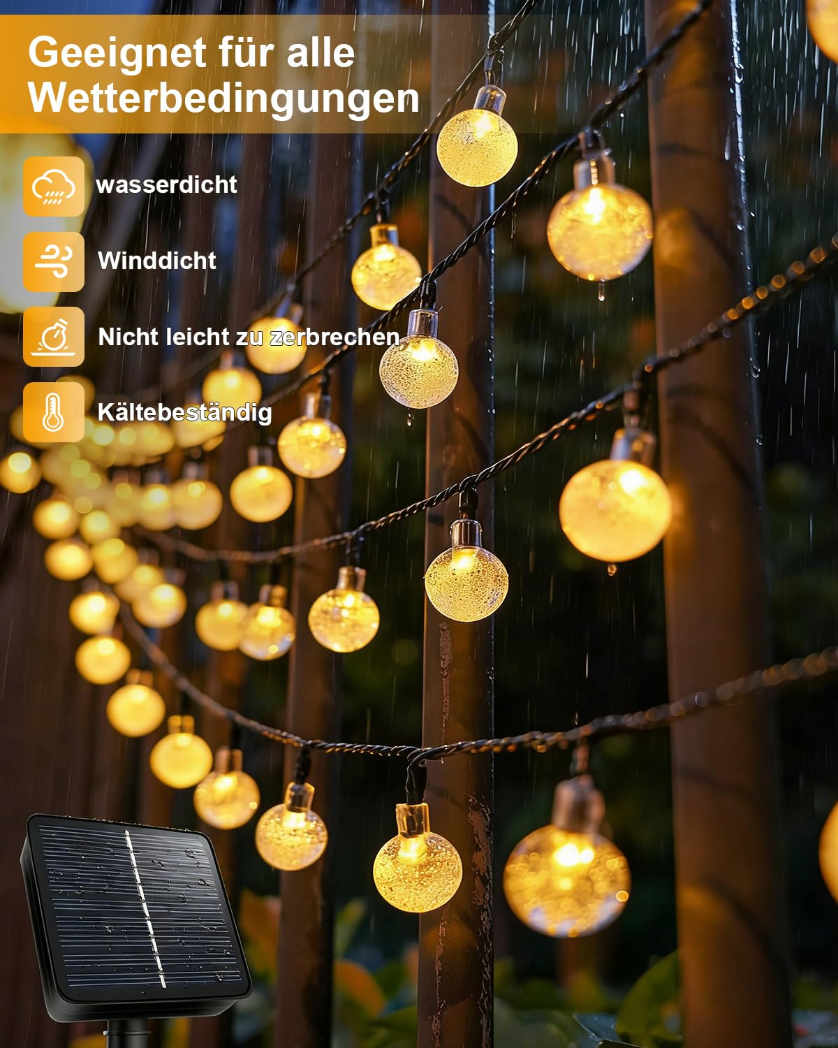 Ghirlanda luminosa solare per esterni - 6 m - 30 sfere LED di cristallo - 8 modalità di illuminazione - Impermeabile IP65 - Bianco caldo - Ideale per giardino, balcone, terrazza e alberi