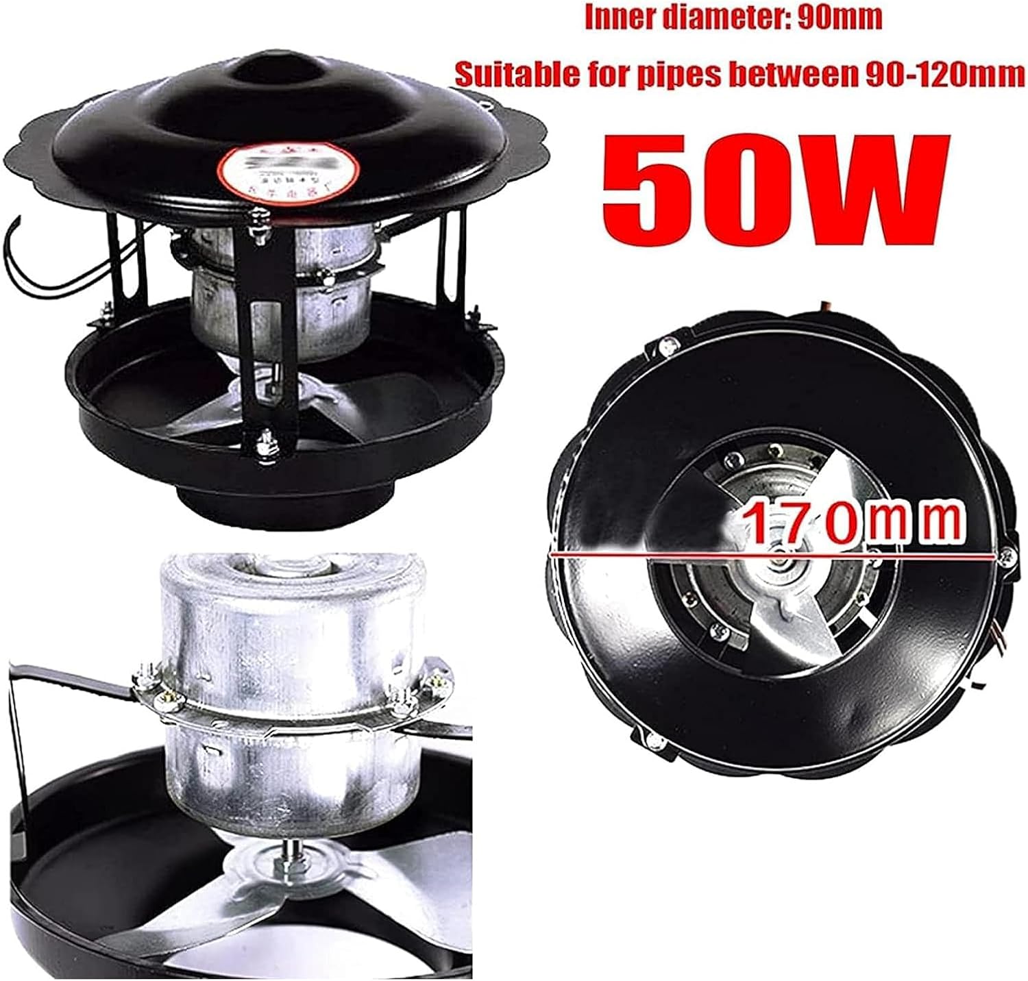Chimney Fan, 50W/60W/100W Fireplace Exhaust Fan Flue Fan Chimney Draft Inducer Chimney Exhaust Fan for Fireplace Black(1pc),50W