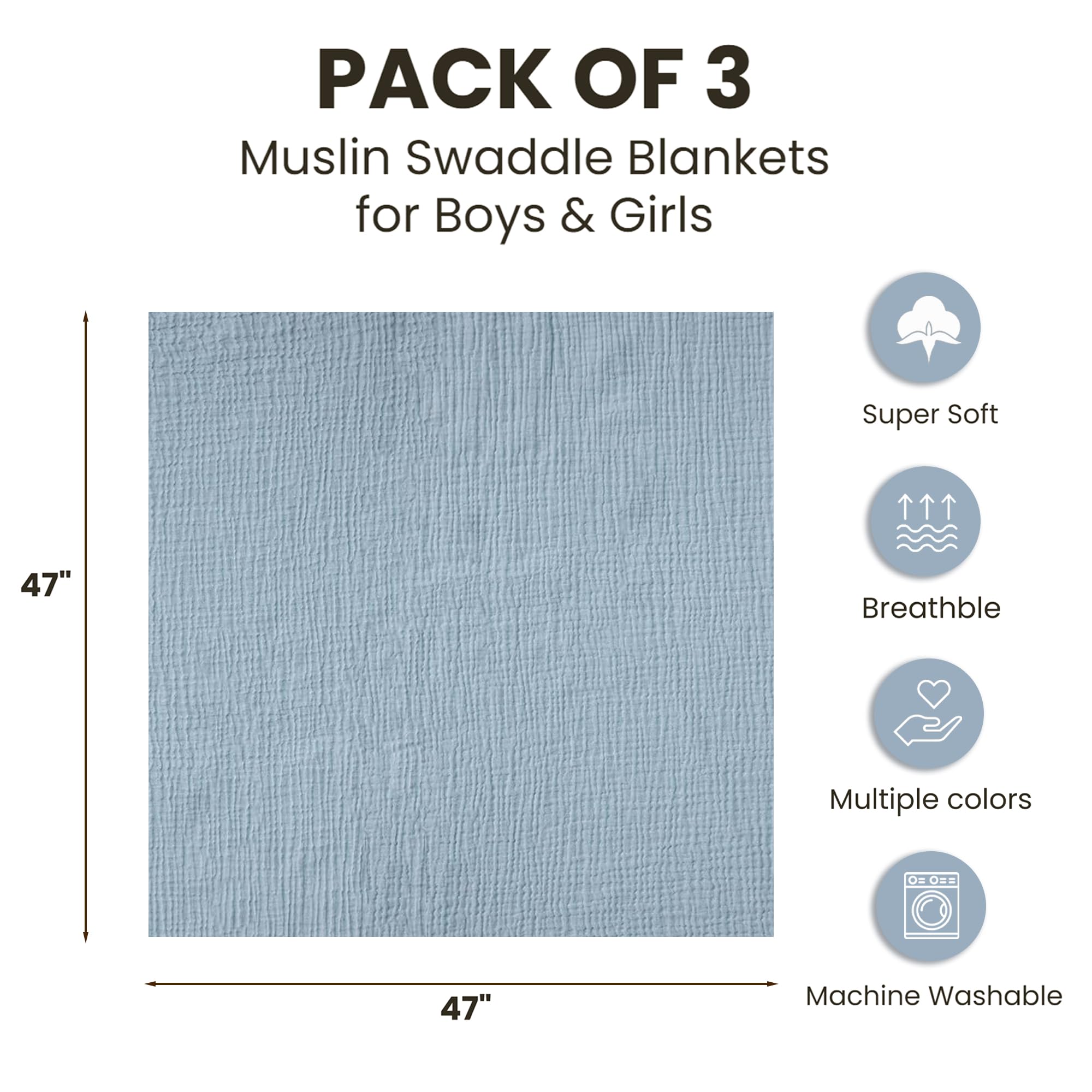 Konssy Paquete de 3 Mantas de Muselina para bebés, Unisex, tamaño Grande, 119,4 x 119,4 cm, Muselina Suave y Transpirable para niños y niñas