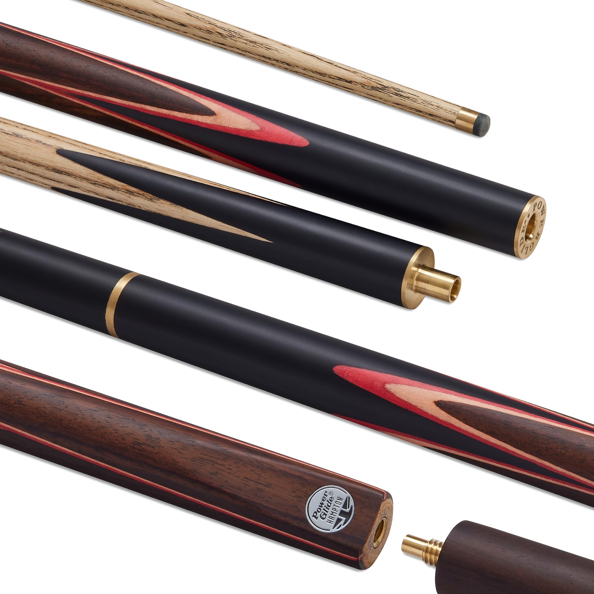 POWERGLIDE Hampton 3/4 Jointed Snooker Cue – Ash Shaft, Hand Spliced Rosewood Butt, Multi Veneer Design, Brass Joint, Pro Tip, 6” Extension – Performance Cue for Improving & League Players