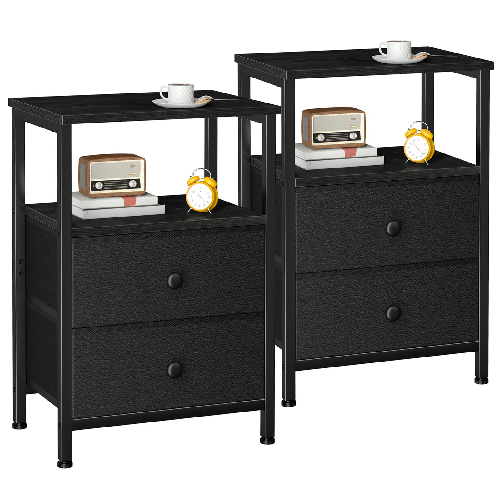 LOAKEKEL Bedside Table Set of 2, Side Table with 2 Fabric Drawers, Bedroom Bedside Cabinet with Open Storage Shelf, End Table, Nightstand for Living Room, Small Spaces, Black UHETS002BK