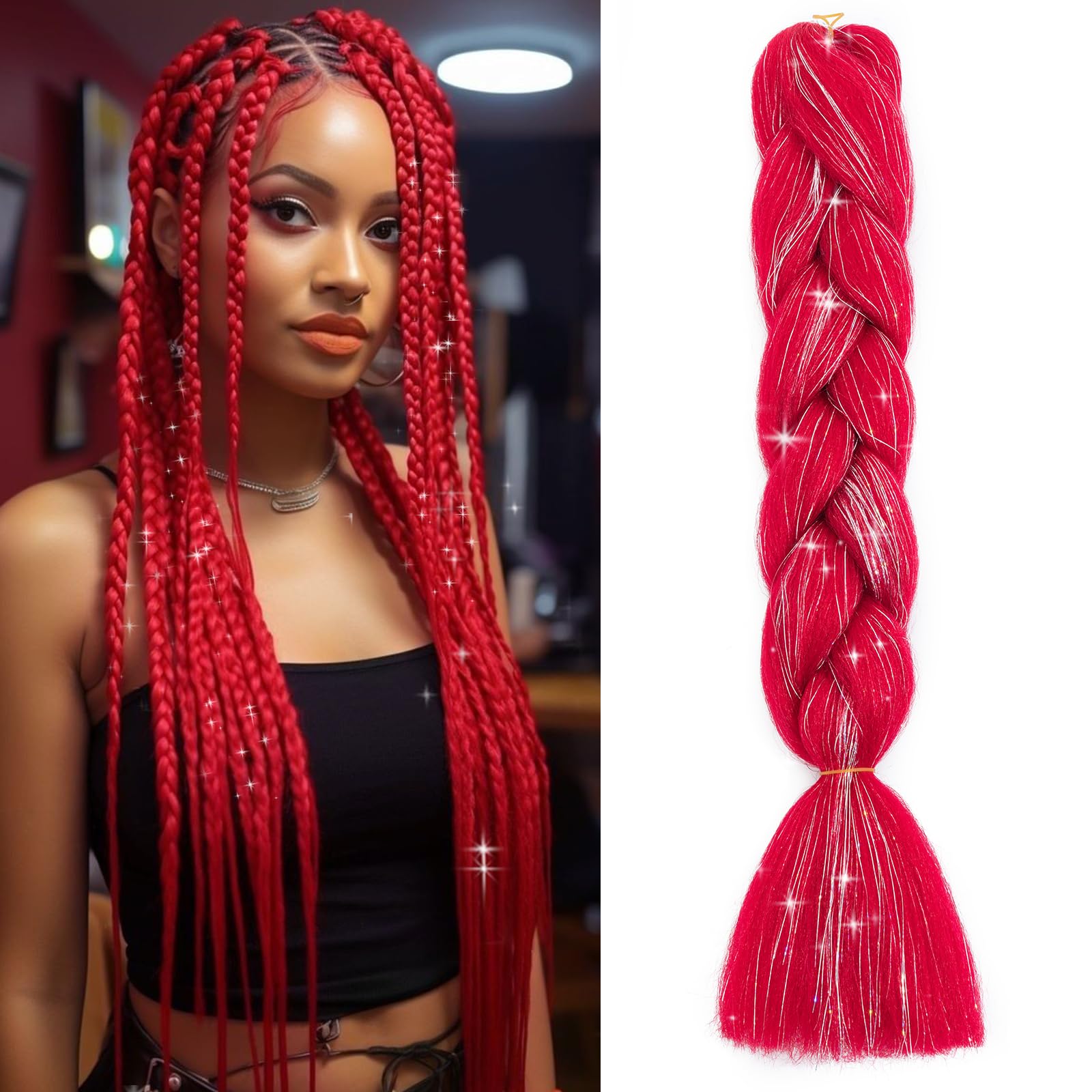 Benehair 24 Inches Braiding Hair Sparkly Braids Extensions Hair with Tinsel Mashup Colorful Synthetic Hair for Braid Hair Extensions for Women(Red