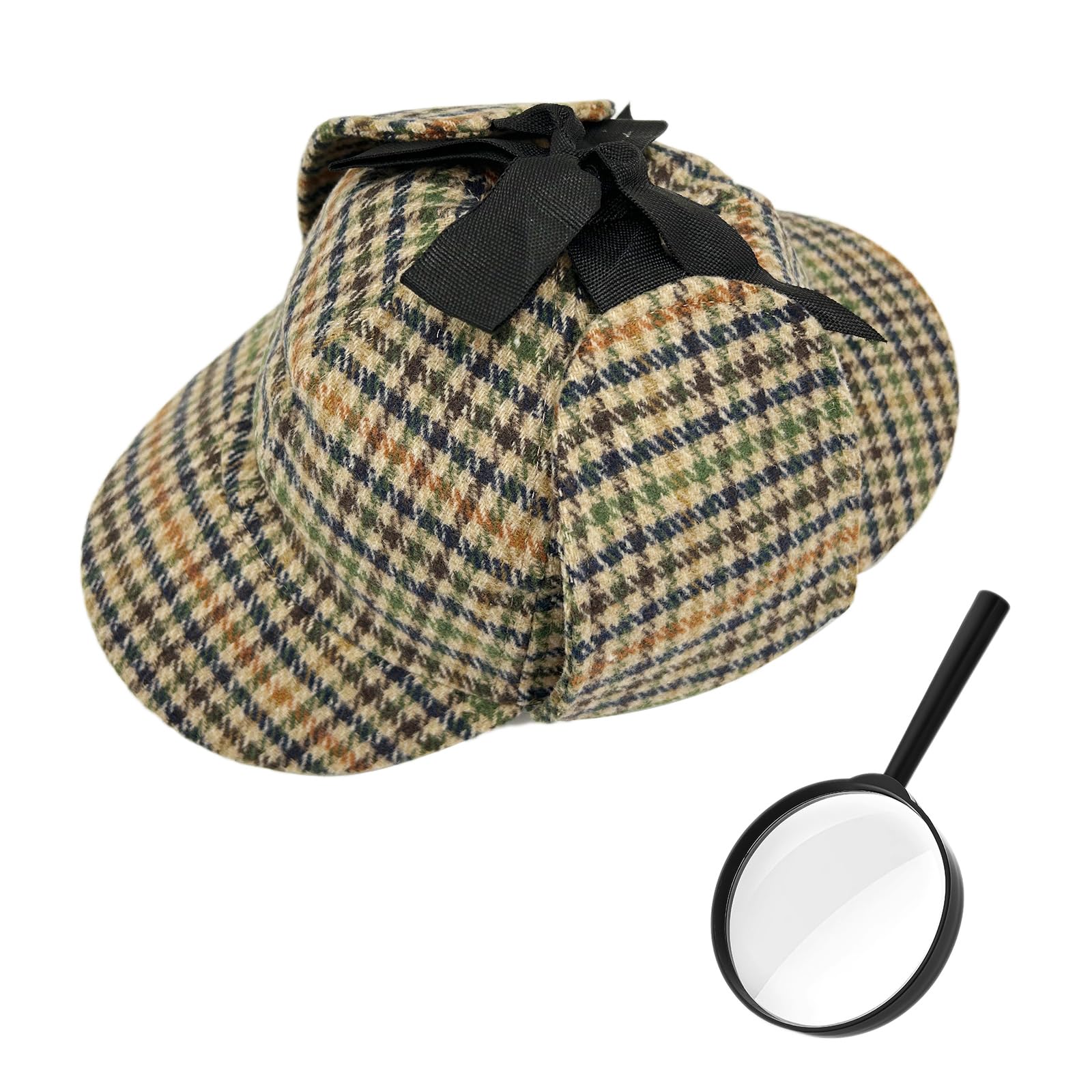 YAUOIPI 2 Pcs Victorian Detective Costume Kit, Detective Sherlock Fancy Dress Accessory Set, Deerstalker Hat + Magnifying Glass, for World Book Day Outfits, Halloween Party Accessories (Multicolor)