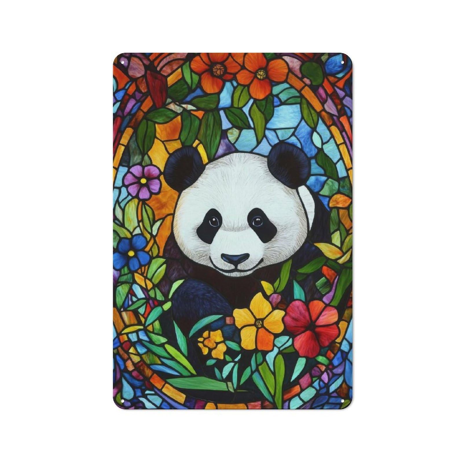 Junmoney Panda Stained Glass Rustic Tin Wall Plaque 30X20cm For Garage Or Workshop, For Home Interiors, Feature Walls And Decorative Displays