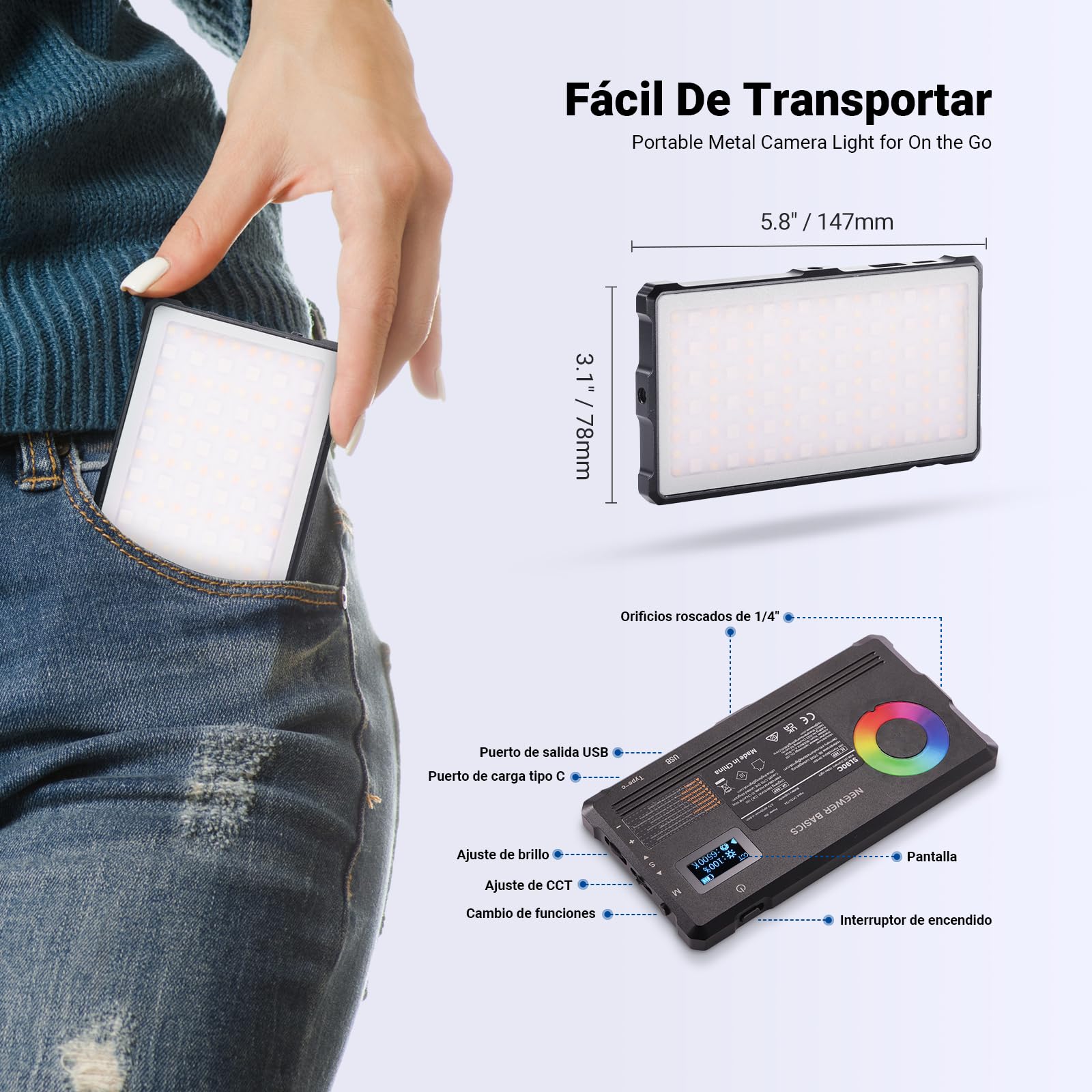 NEEWER Basics Full RGB Luz Foco Video Cámara con Trípode Escritorio, 9W CRI97 2700K-7500K 17 Escenas Portátil Small Panel LED Metal Iluminación para Transmisión DSLR Fotografía Grabación Video, SL90C | 8W, CRI97, 2700K-7500K, 17 Escenas, 4000mAh, Panel Pe