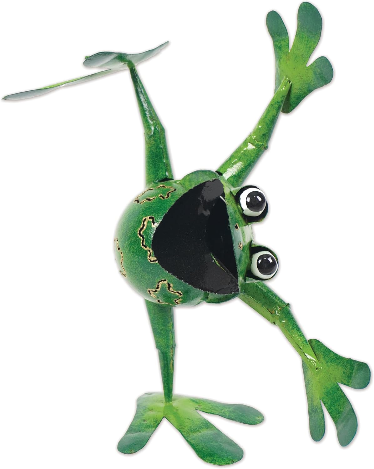 Sunset Vista Designs Outdoor Yard Decor - Green Metal Frog Garden Sculpture, 15" Tall, Dancing Atom