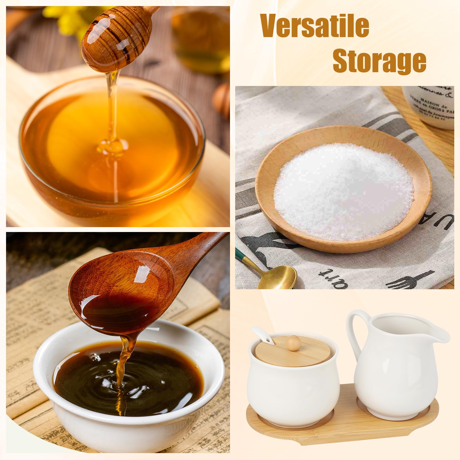 Juego de Leche y Azúcar Blanco, 260ml Jarra Leche de Cerámica y Azucarero con Cuchara y Tapa, Juego de Porcelana para Servir Café y Té con Bandeja de Madera, Apto para Microondas y Lavavajilla