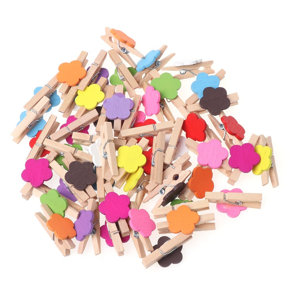Purplelily 50Pcs Colored Flower Wooden Craft Clips Card Photo Paper Peg Pin Clothespin Wooden Clips With Push Pins