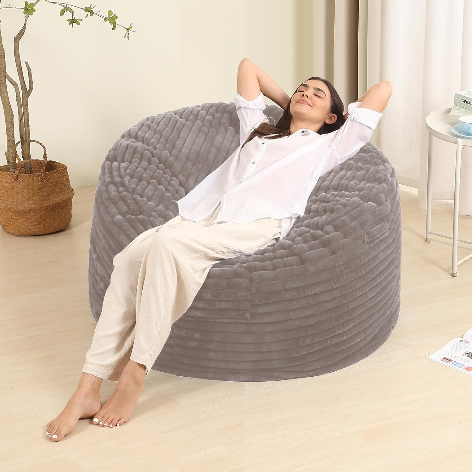 3FT Bean Bag Chair for Adults/Teens, Memory Foam Bean Bag Sofa with Fluffy Removable Cover, for Living Room, Bedroom, Dorm, Grey