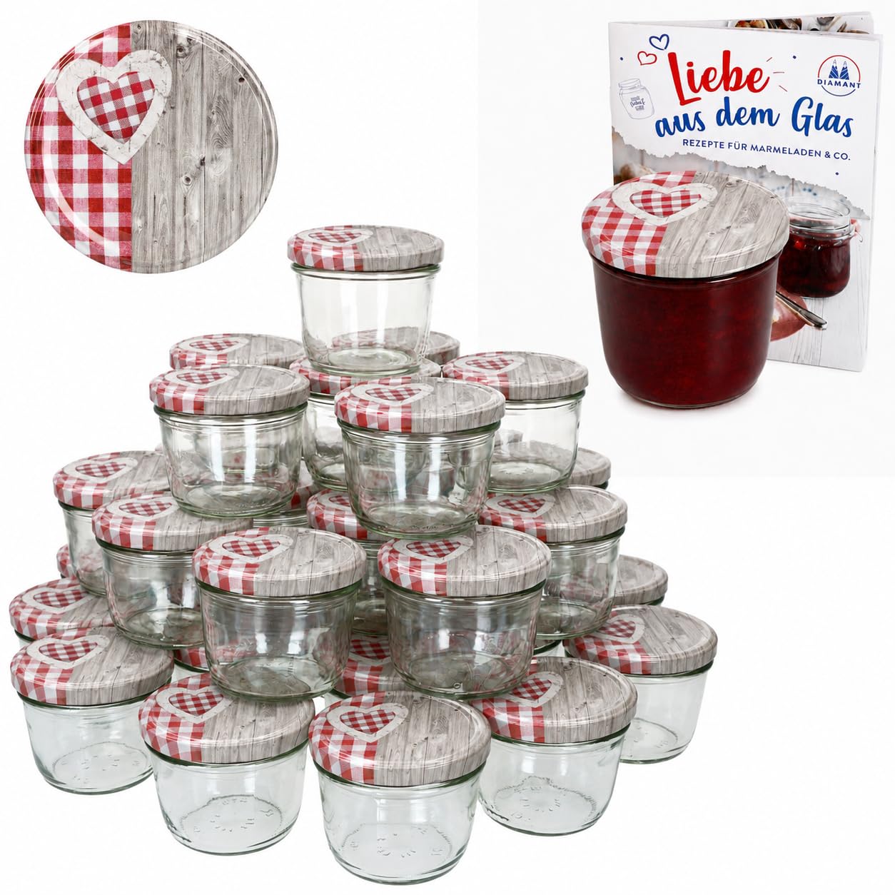 MamboCat Lot de 100 bocaux en verre 230 ml, couvercle à visser, cœur en bois rouge à carreaux, livret de recettes inclus, pour faire des conserves