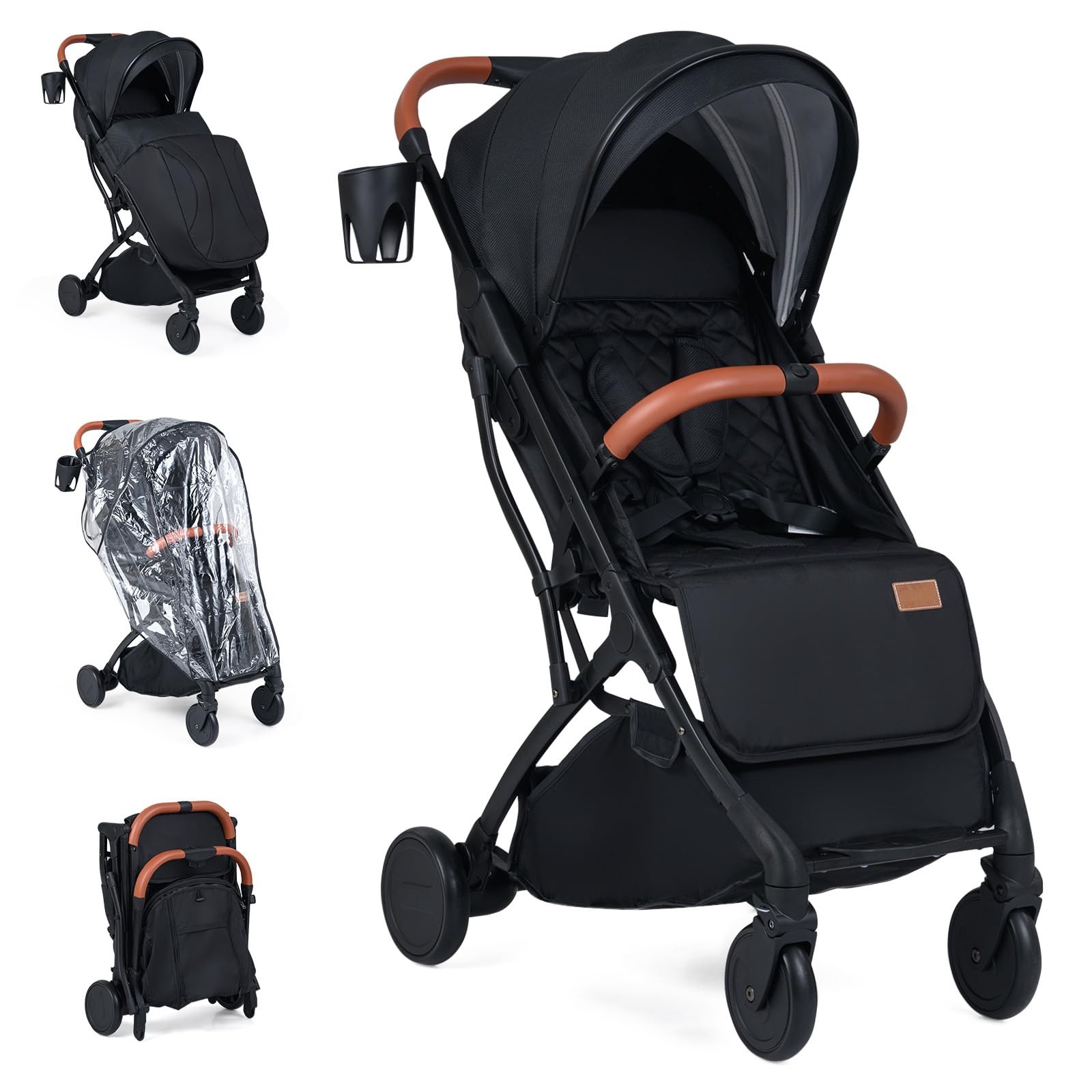 GIANTEX Passeggino Leggero per Bambini e Neonati, Passeggino Pieghevole e Portatile con Ruote, Schienale Regolabile, Tettuccio, Cintura di Sicurezza, Cesto e Copertura Antipioggia (Nero)