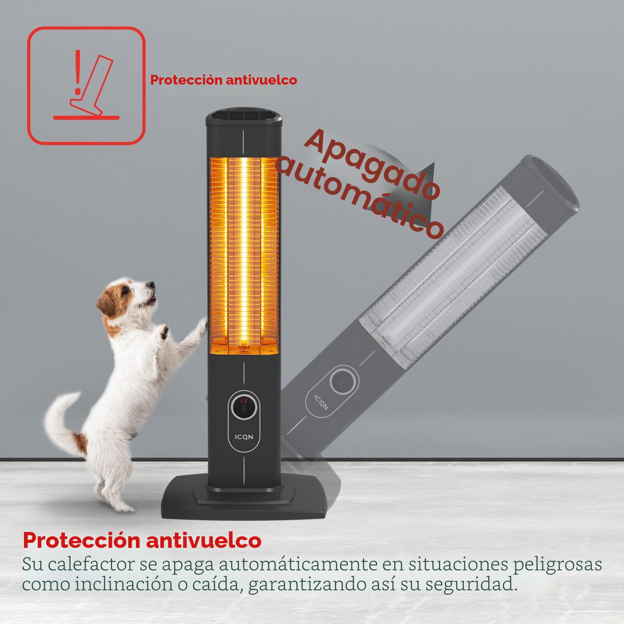 ICQN Calentador de pie con control remoto | Infrarrojo | Calefacción por infrarrojos para uso interior y exterior. Calentador de estacionamiento | Unidad de piso | IP20 | Pantalla digital | IC2500.RB