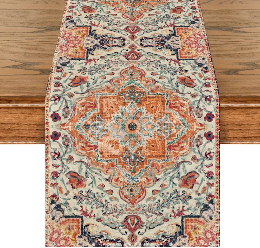 Boho Bohemia Style Orange Table Runner, Country Rustic Farmhouse Magical Fall Kitchen Dining Table Decoration for Home Party Decor 13x120 Inch