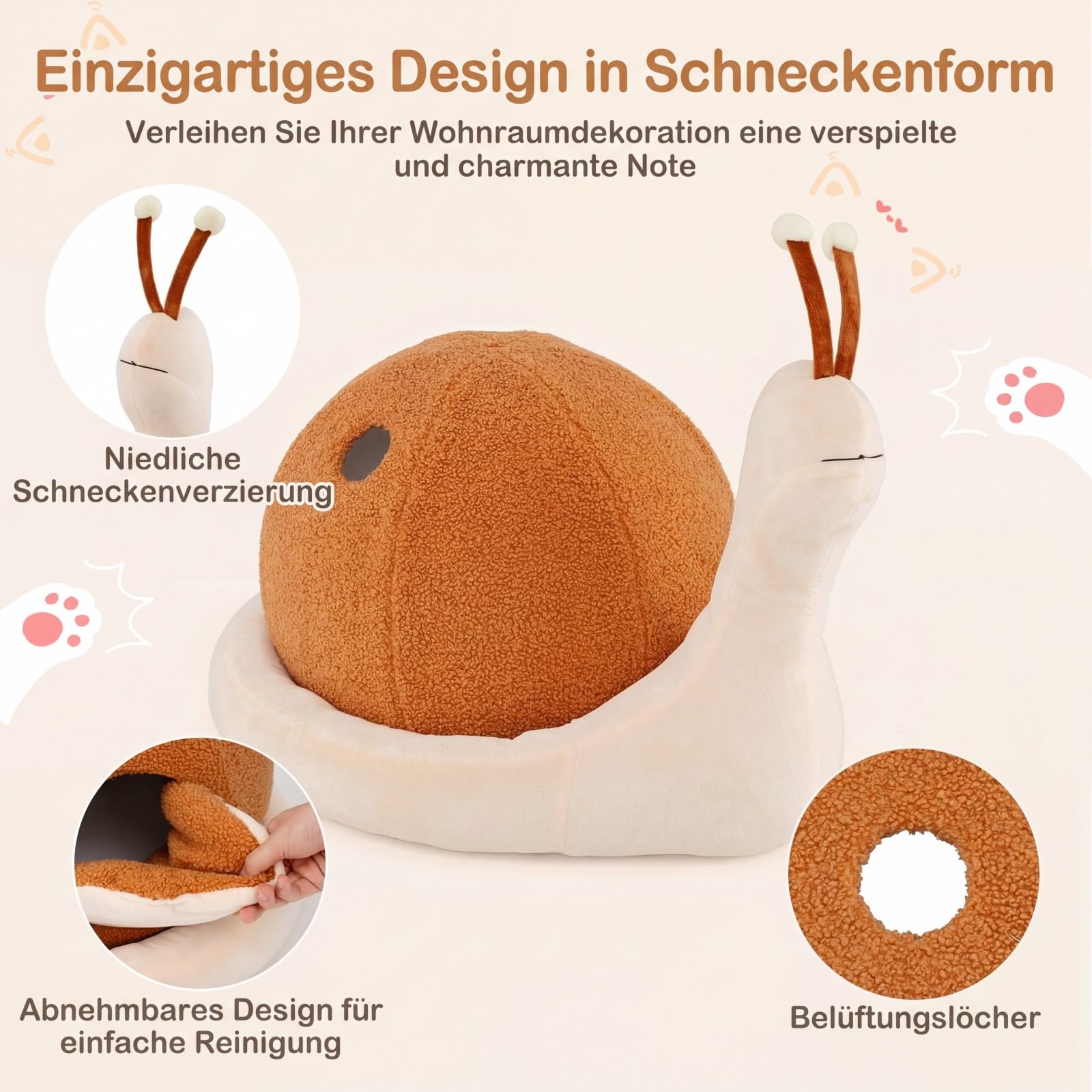 COSTWAY Katzenbett, schneckenförmig, Katzenhöhle mit waschbarem Kissen & Rutschfester Unterseite, Katzenhaus Indoor, Katzenkorb für Katzen Haustier, Braun