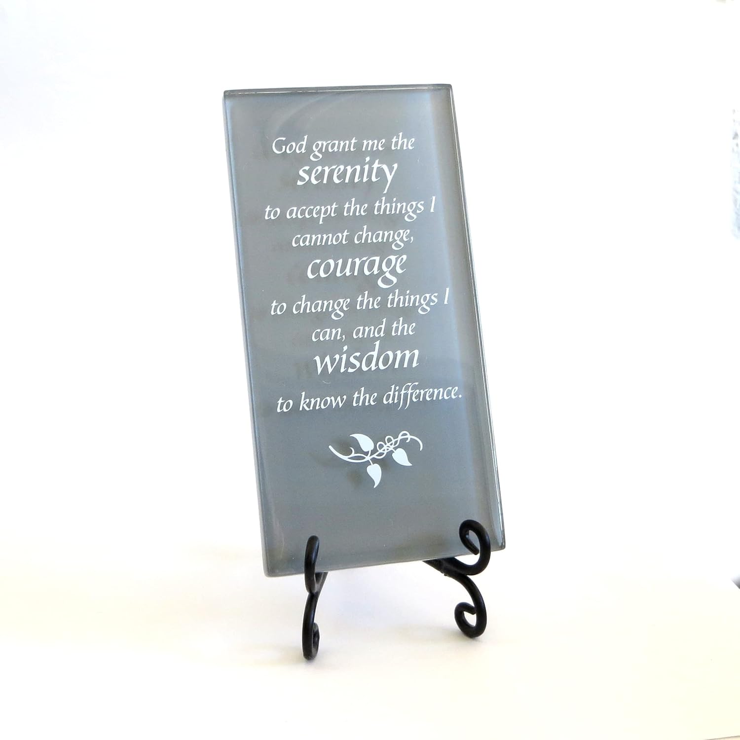 The Serenity Prayer Inspirational Glass Plaque. Encouraging and Centering Words To Empower. Includes a Folding Easel. By Lifeforce Glass. Grey