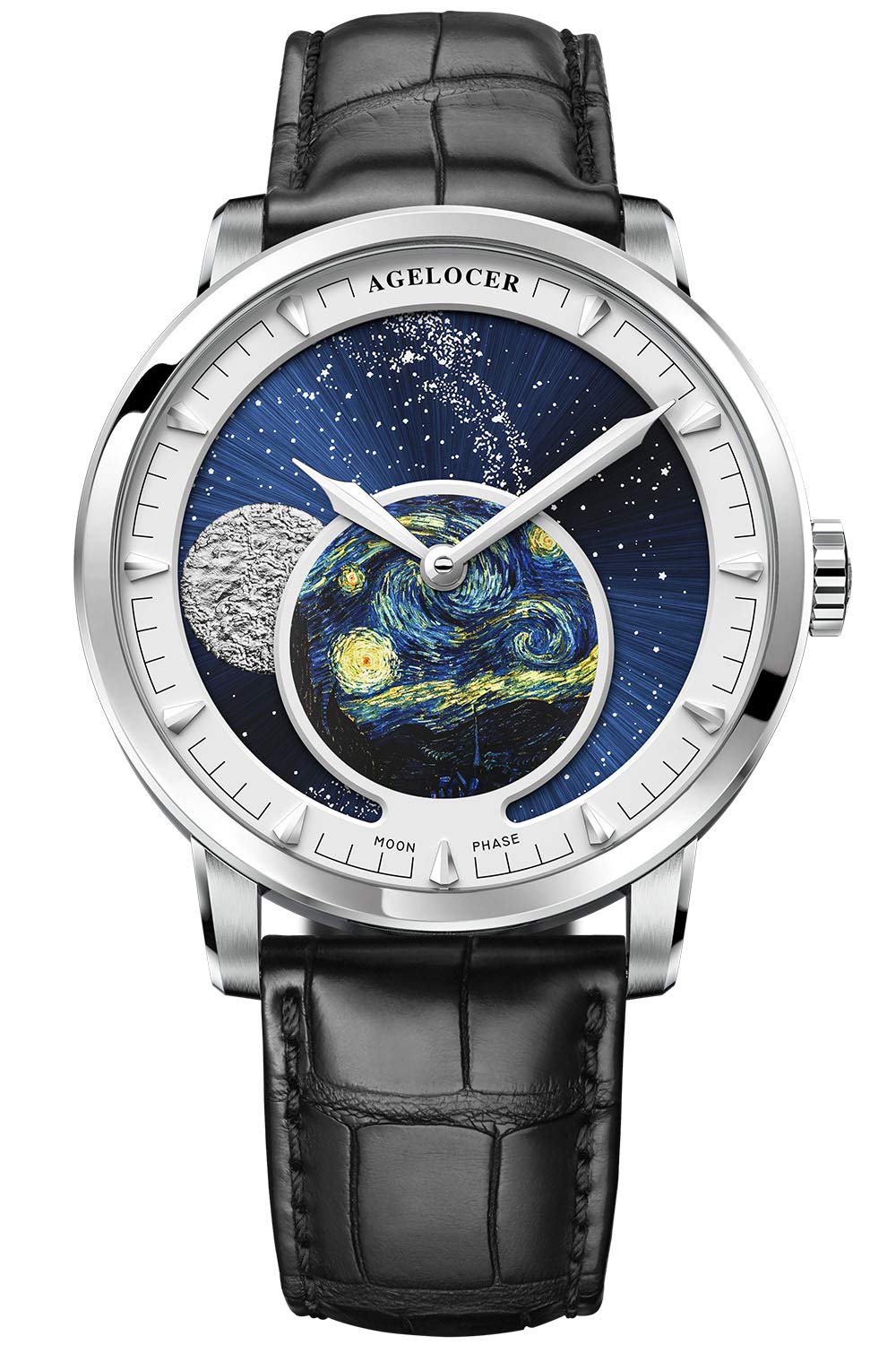 agelocer Reloj mecánico automático de fase lunar para hombre, esfera esculpida de metal 3D de 40 mm, reserva de marcha de 80 horas, cristal de zafiro, acero 316L y correa de piel de cocodrilo