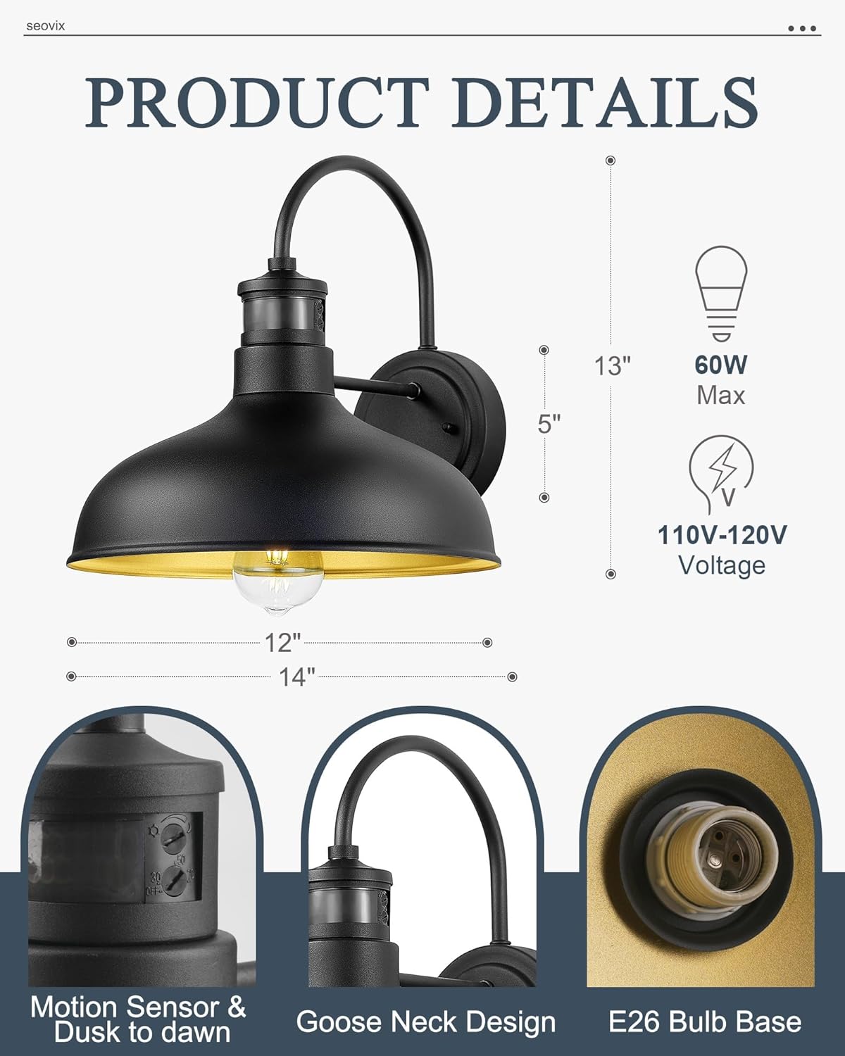 2 Pack 12 Motion Sensor Barn Lights, Outdoor Wall Lights with Dusk to Dawn Feature, IP65 Waterproof Farmhouse Gooseneck Light for House, Patio, Garage，HSMD2215-2