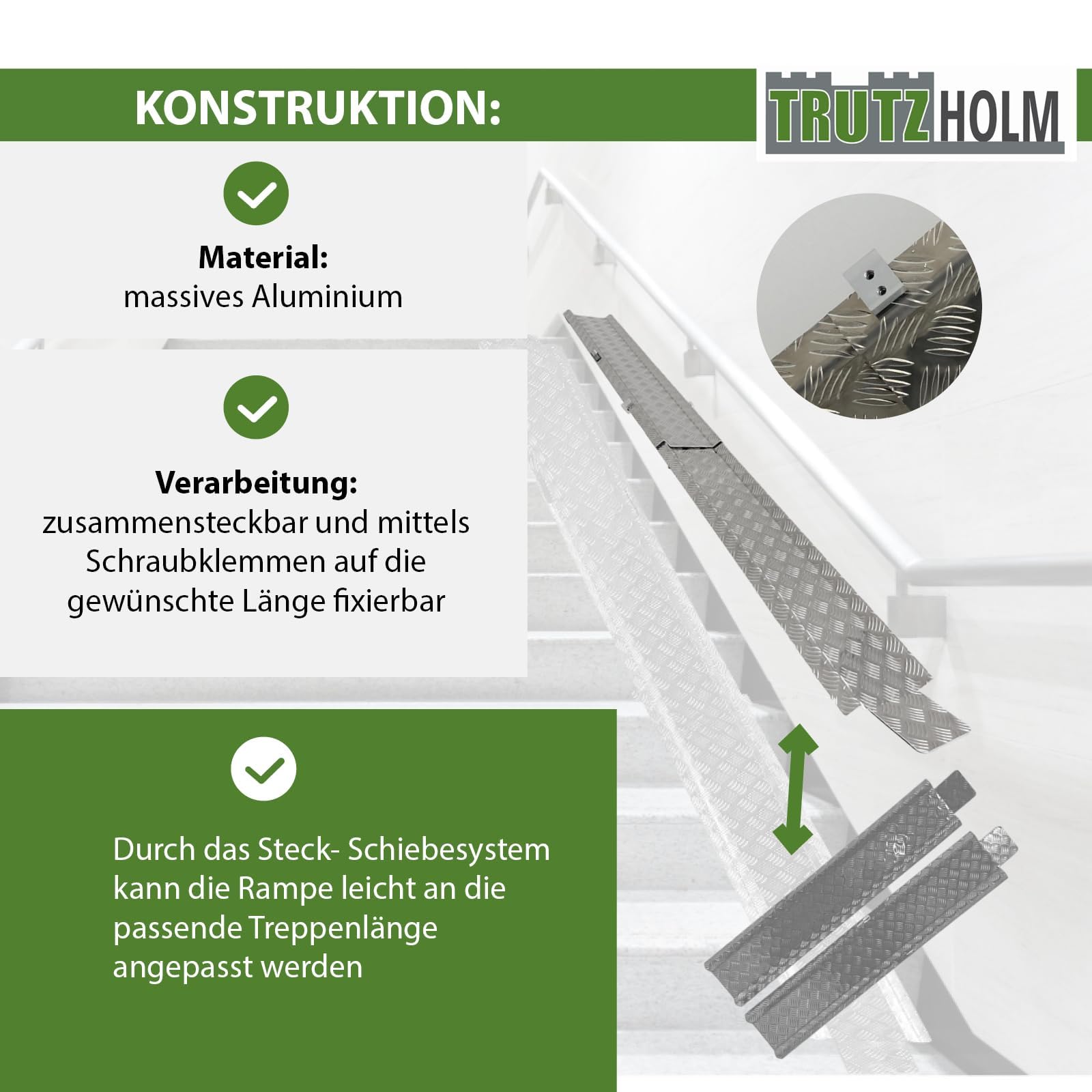TRUTZHOLM Auffahrschiene Aluminium Länge 150-270 cm verstellbar Traglast 50 kg Treppenrampe für E-Bike Fahrrad Mofa mit rutschfestem Tränenblech Rampe Fahrradrampe leicht mit gummierter Auflage