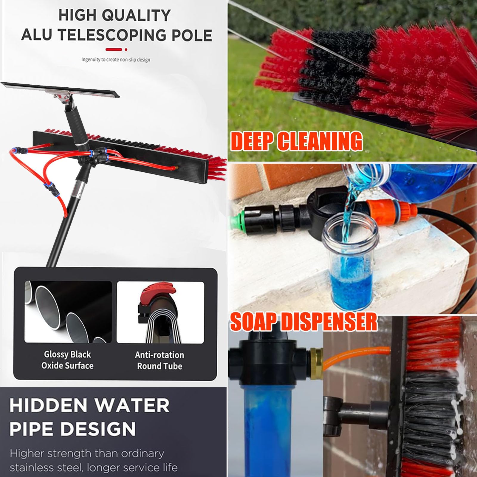 Genérico Cepillo para Ventanas con Panel Solar y Poste, Kit de Poste con alimentación de Agua de 3,6 a 10,8 m, con dispensador de jabón y escobilla de Goma telescópica para Techo (35 cm, 7,