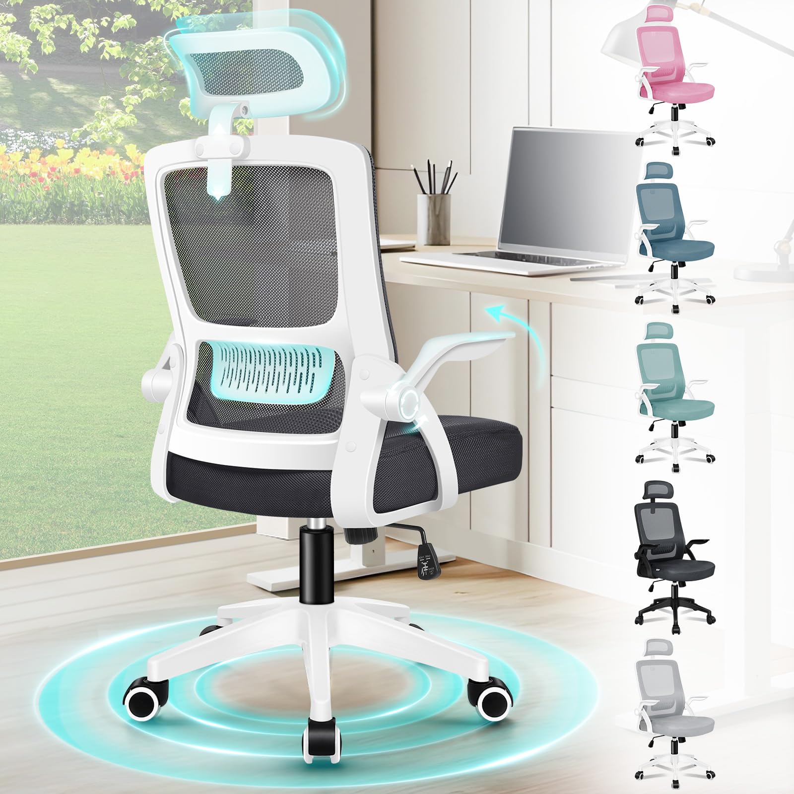 ALFORDSON Chaise de Bureau Ergonomique avec Support Lombaire Dynamique, Accoudoir Rabattable, Blanc