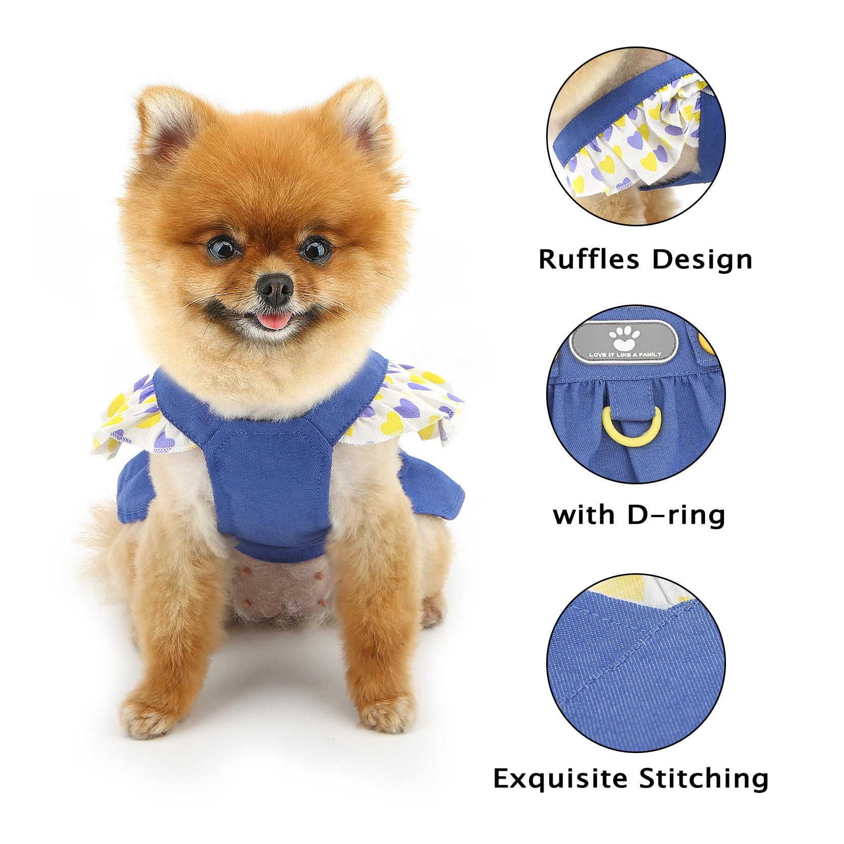 PAIDEFUL Denim Dog Dress for Small Dog Female Cute Ruffles Pet Princess Dresses Soft Puppy Heart Strap Jean Skirt Breathable Doggie Sundress Summer Chihuahua Clothes Cat Apparel D-Ring,Light Blue,S