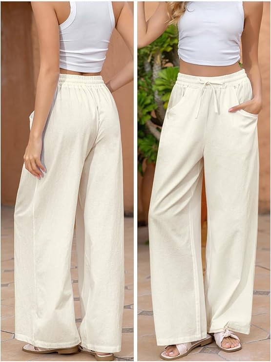 Fancysters Women Wide Leg Linen Pants, High Waisted Summer Casual Cotton Linen Palazzo Pants with Pockets