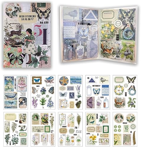 Miniatura 8 de Calcomanías de diario basura para álbumes de recortes, 160 piezas retro de flores, mariposas, naturaleza, poemas, letras decorativas para álbumes de