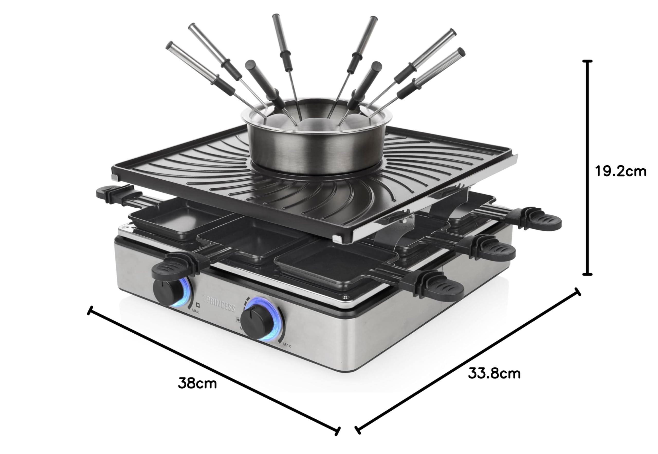 Princess Raclette e Fonduta 5-in-1, 8 Persone, Doppio Termostato, Pentola 1,3 L, Rivestimento PFAS-Free, Parti Removibili, 1800 W, 162670