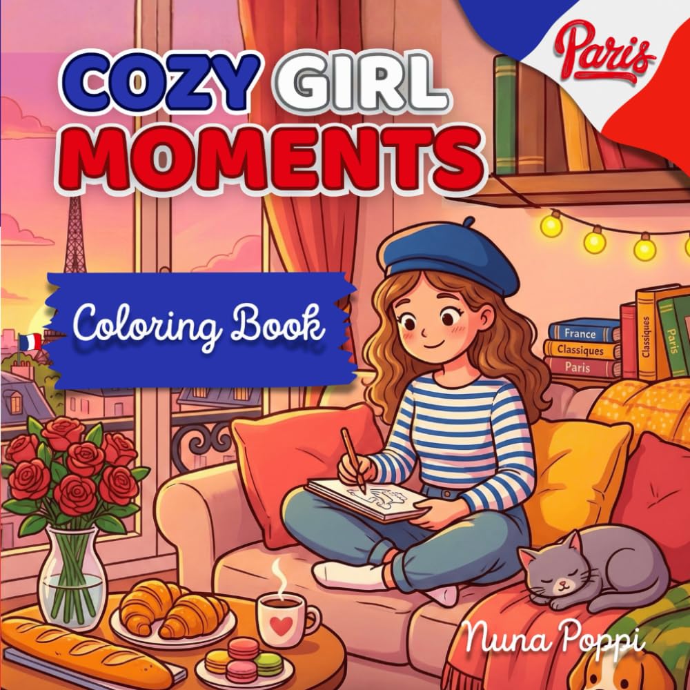 COZY GIRL MOMENTS: Album de coloriage pour adultes et adolescents, scènes françaises, routines créatives et moments de détente à Paris