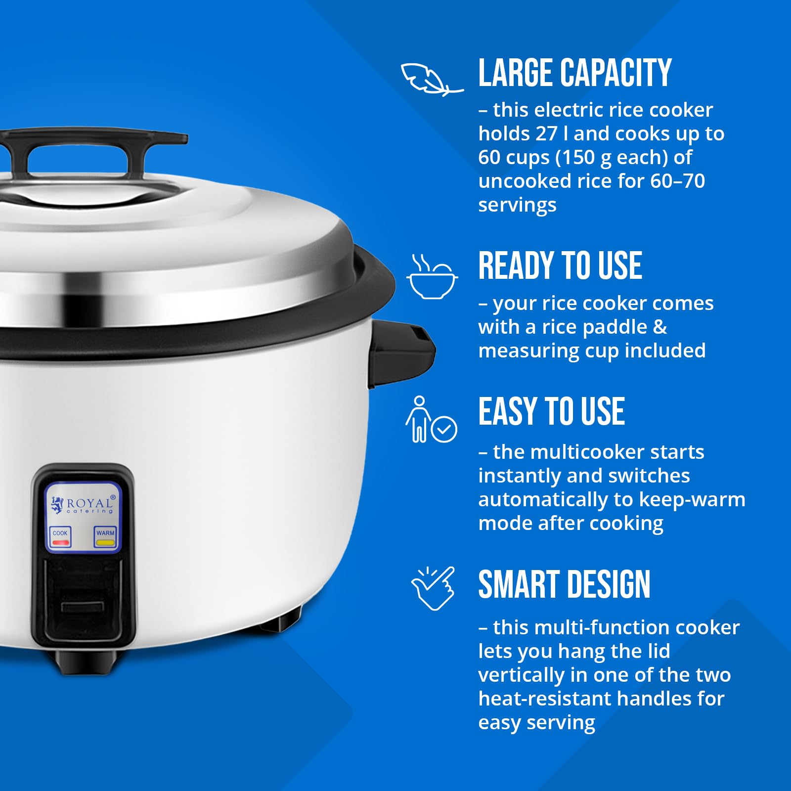 Royal Catering Cuiseur à riz 27 L 3600 W pour 60 tasses de riz cru, cuisson one-touch, maintien au chaud automatique, poignée anti-brûlure, pot amovible antiadhésif, avec tasse et spatule Multicuiseur