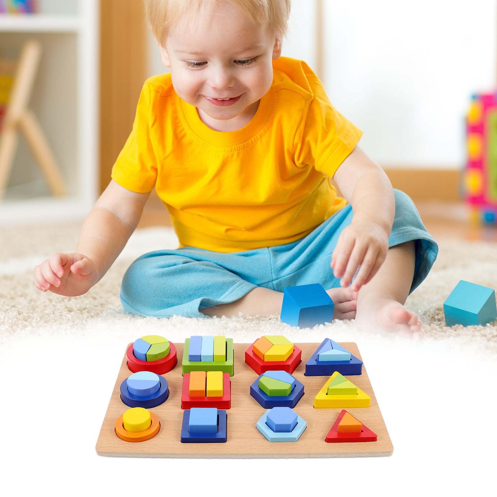 Giocattolo Didattico in Legno per Bambini, Puzzle Montessori Forme Geometriche Superfici Lisce, Gioco Educativo per Prima Infanzia e Sviluppo Cognitivo, Set Creativo