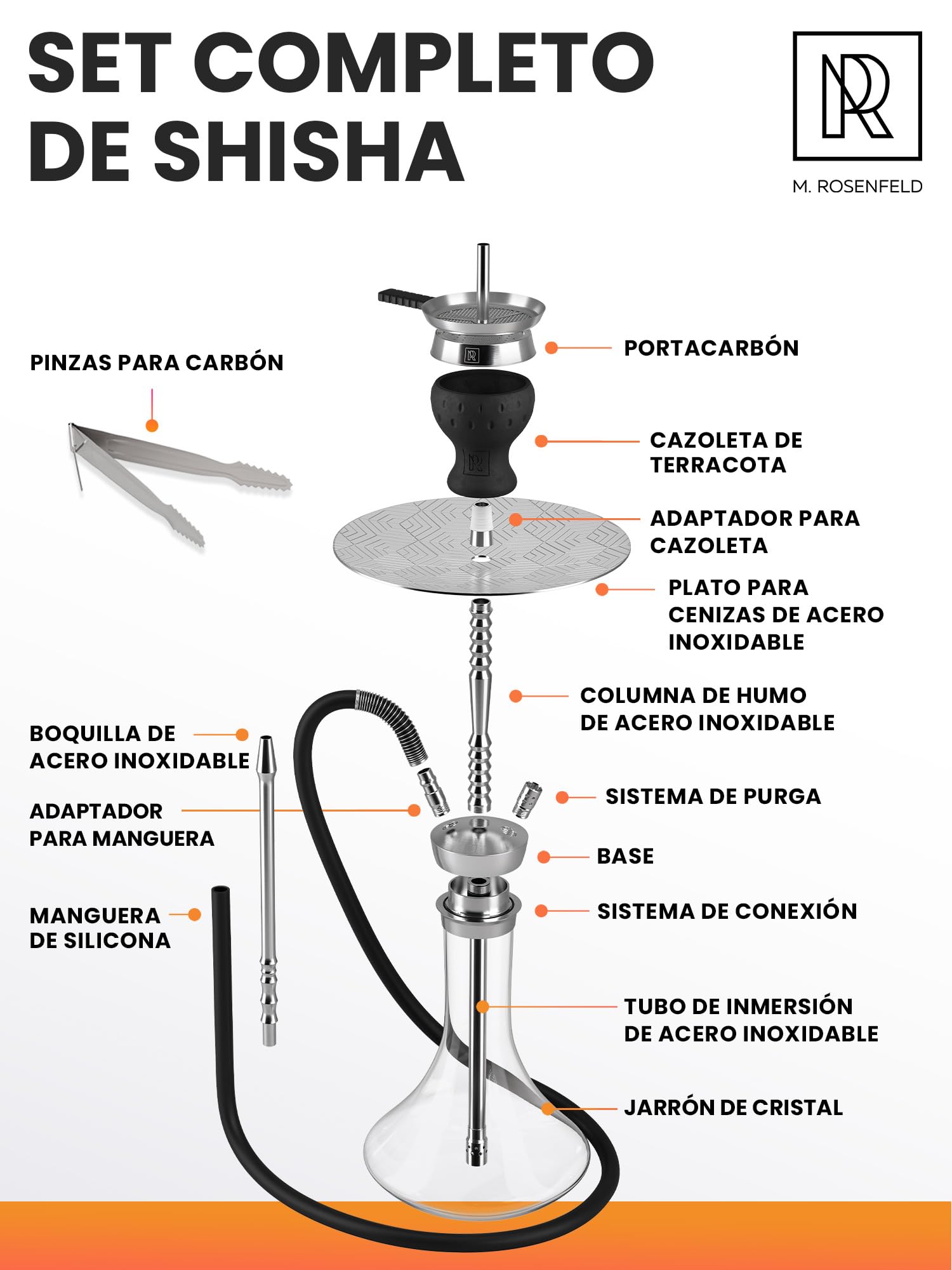 M. ROSENFELD Shisha de Acero Inoxidable V2A | Set Completo con Manguera y Cabezal | Hookah Premium con Cámara Cerrada y 1 Conexión (para 2 Mangueras) (Steel One)
