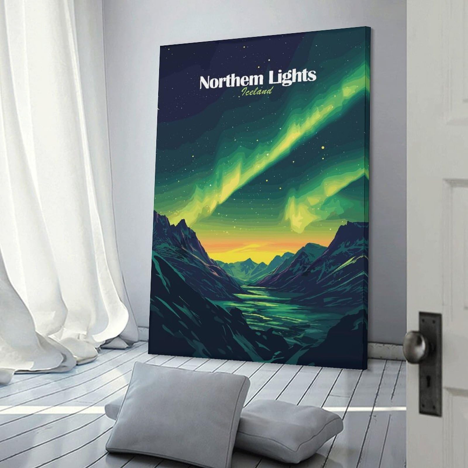 Junmoney Frame-Style-16-1 Wall Picture Print Northern Lights Iceland, 24X36inch(60X90cm), For Entrance Walls, Hall Decor Or Foyers, Home Artwork For First Impressions