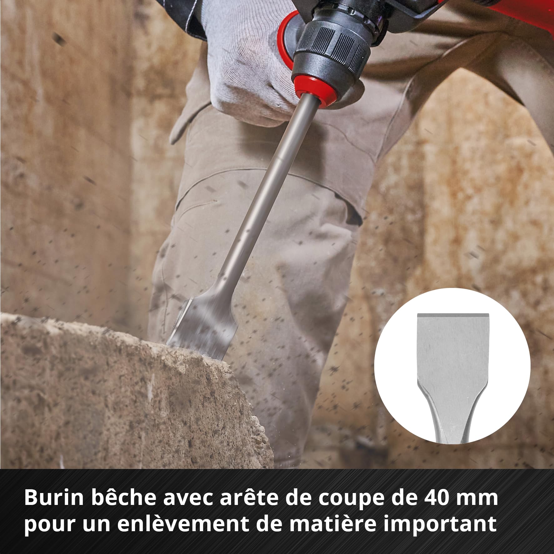 Original Einhell Set de 3 burins SDS Max, 400 mm (burin pointu, burin plat de 25 mm de large, burin bêche de 40 mm de large en acier 40Cr durable pour les travaux de démolition et de rénovation)