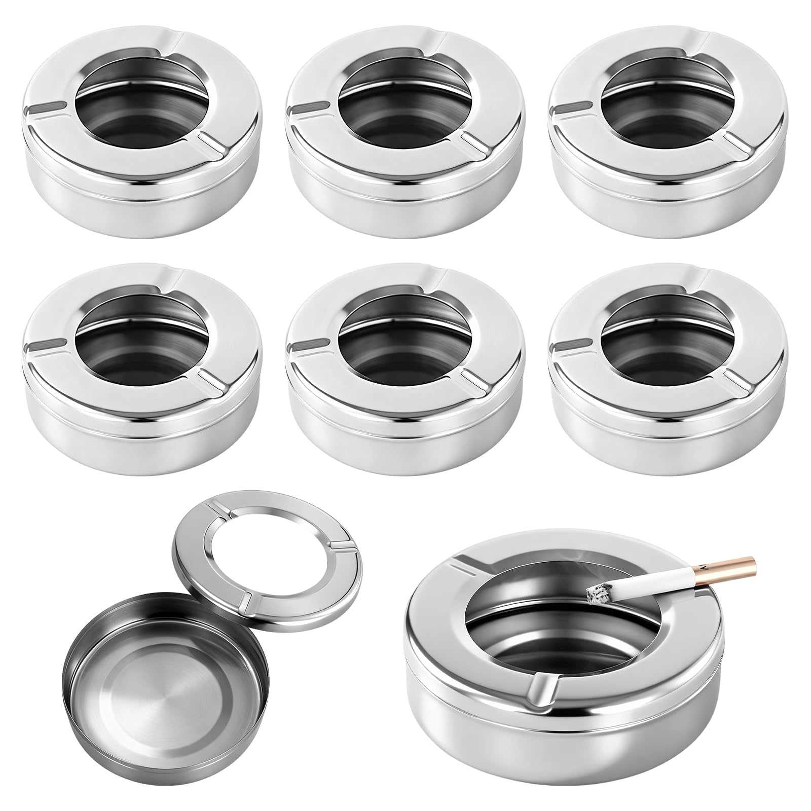 Cenicero de acero inoxidable de 10 cm con tapa Cenicero de mesa moderno tipo viento al aire libre oficina en casa fiesta balcón al aire libre para protección contra cenizas volantes 6 piezas