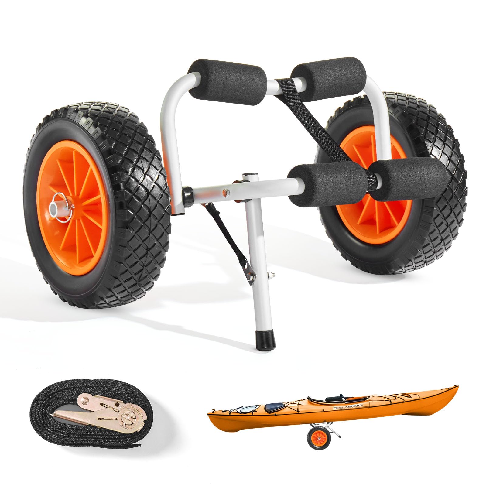 VEVOR Kajakwagen, 90 kg, Faltbarer Kanuwagen mit 25,4 cm Vollgummireifen & 1 Ratschengurt, Bootswagen zum Transportieren von Kajaks, Kanus, Paddleboards, Jon-Booten, 620x350x325 mm