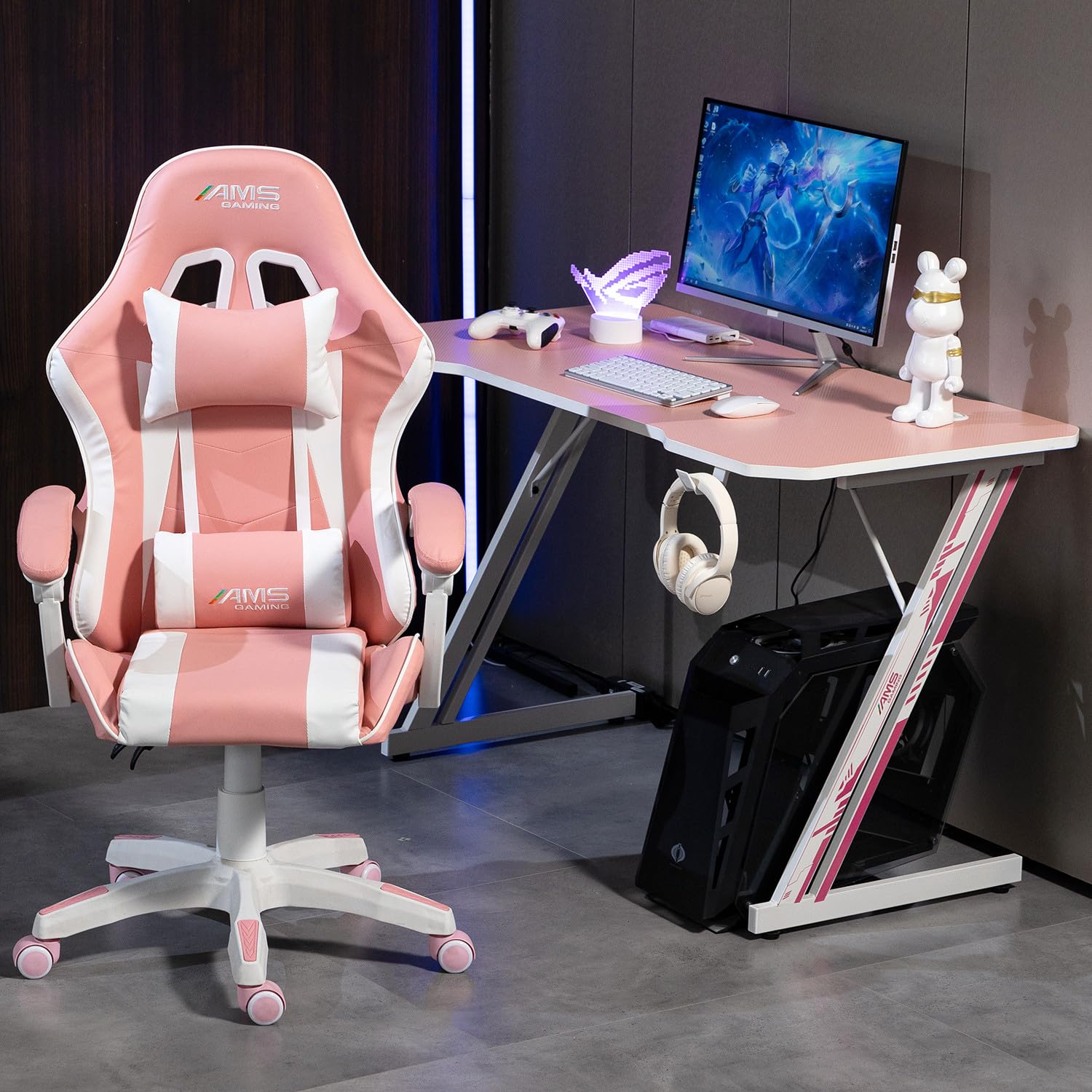 Chaise Gamer#02-Pink Coloris Noir & Rose - Coussin Lombaire & appuie tête - Siège Gaming